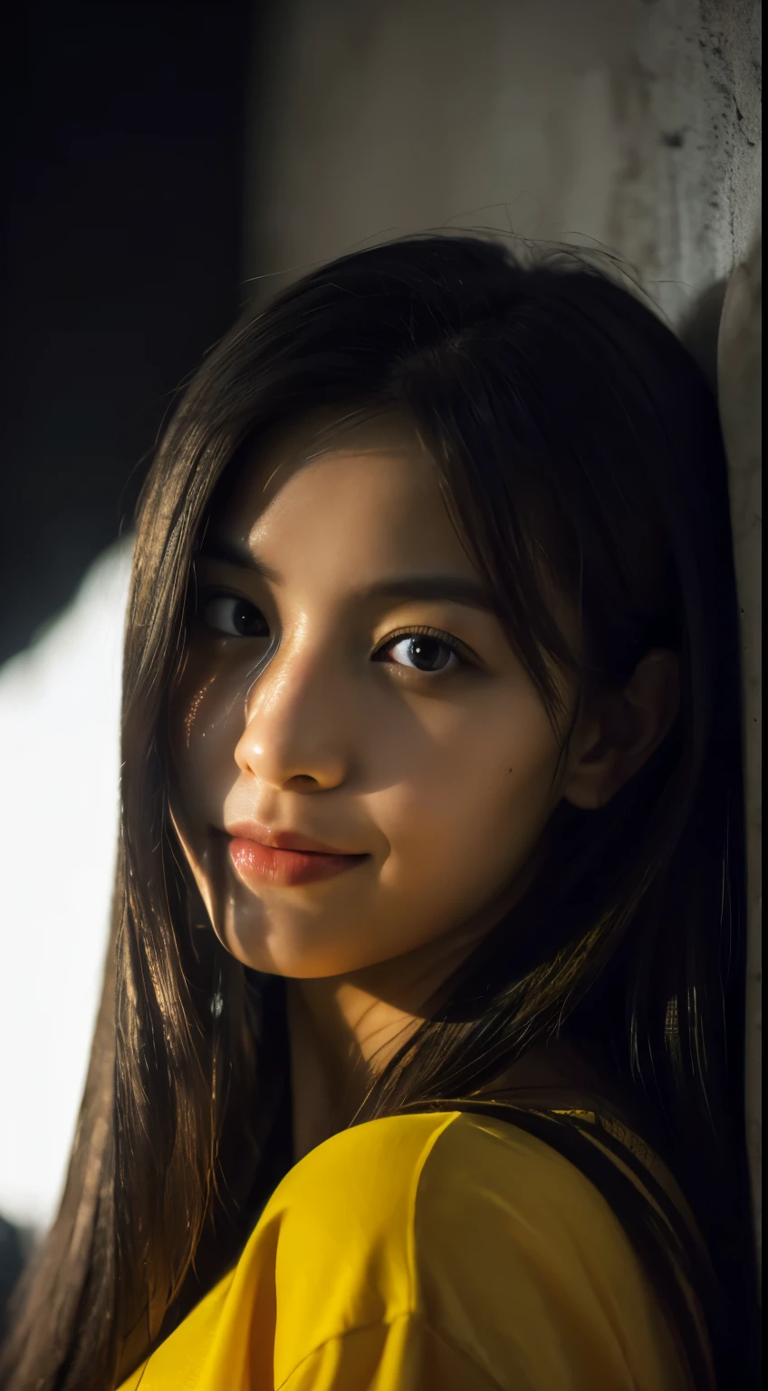 highest quality, epic realistic, ((in the pitch black darkness :1.4)), ((portrait:1.5)),(background: dark ) high contrast ,glorious picture, lowest lux, lighting face, she's comfortable, wearing nothing, looks incredible, (8k, Raw photo, Highest quality),(epic realistic:1.5), a woman, face,(detailed eyes:0.8),(looking at the camera:1.4), (Highest quality), ( high contrast, deep shadows),Intricate details,cinematic,((skin:1.4)), (long dark hair:1.3), long hair, messy ,(Hdr:1.5),Detailed, colors, Superior quality, Masterpiece, Raw Photo (20-year-old, looking at viewer), beautiful, (wearing plain yellow shirt,), perfect, natural, perfect composition, portrait, perfect face, smiling expression, Captivating eyes, Bright details, Tight lips, (High Skin Detail),, (blue tint: 0.6), (sale: 0.8), (bloody: 0.7), Key lighting , (backlight: 0.5), Medium depth of field, Canon 5d, 50mm lens, f/4 apertures, (Ultra-detailed, Complex detail), sharp focus, soft colors, 8k, Absurd, 80mm, dark background, photography, smiling,medium ,