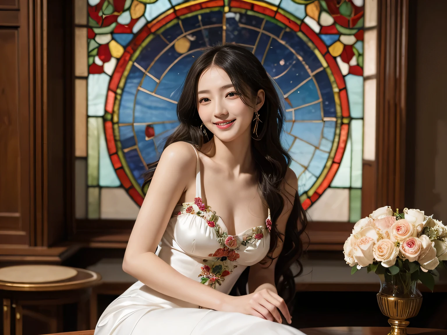 full body portrait or statue、Stained glass、Vigée Leblanc style、math、astronomical machine、astronaut、roses in vase、fruit、Cute trinkets、smile、ancient greek costume、Sandro Botticelli paintings、Costume that stretches your shoulders、A big smile、expression of ecstasy、sexy、beautiful bare skin、Detailed representation of the seducing woman throughout the body