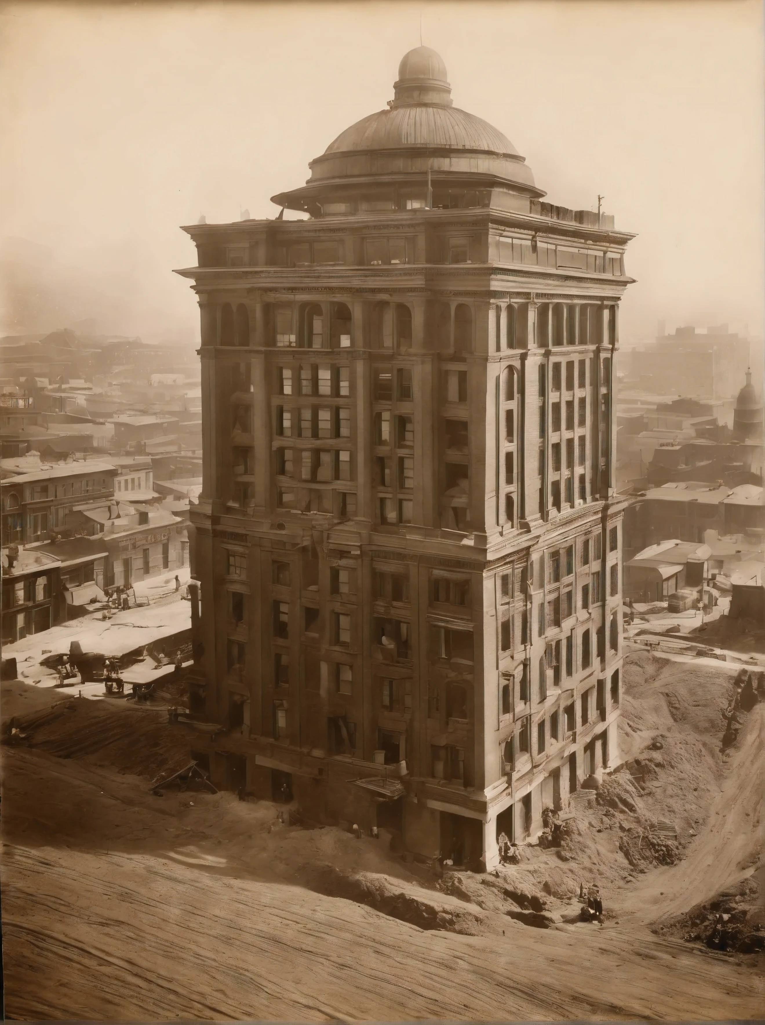 1890 vintage photo showing a cross-section of a large skyscraper with the bottom half is covered in dirt being dug out of the ground. with tiny construction equipment and crews working to uncover as much as they can. the skyscraper has an architecture that resembles roman, Russian, and Asian all together. the photograph is taken in san Francisco