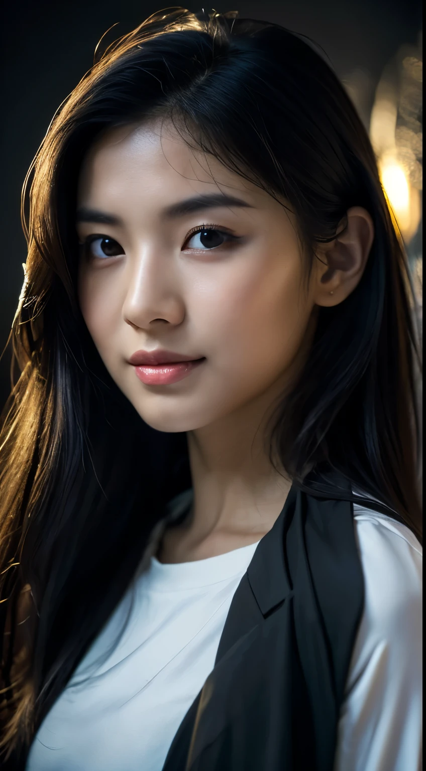 highest quality, epic realistic, ((in the pitch black darkness :1.4)), ((portrait:1.5)),(background: dark ) high contrast ,glorious picture, lowest lux, lighting face, she's comfortable, wearing nothing, looks incredible, (8k, Raw photo, Highest quality),(epic realistic:1.5), a woman, face,(detailed eyes:0.8),(looking at the camera:1.4), (Highest quality), ( high contrast, deep shadows),Intricate details,cinematic,((skin:1.4)), (long dark hair:1.3), long hair, messy ,(Hdr:1.5),Detailed, colors, Superior quality, Masterpiece, Raw Photo (20-year-old, looking at viewer), beautiful, (wearing plain yellow shirt,), perfect, natural, perfect composition, portrait, perfect face, smiling expression, Captivating eyes, Bright details, Tight lips, (High Skin Detail),, (blue tint: 0.6), (sale: 0.8), (bloody: 0.7), Key lighting , (backlight: 0.5), Medium depth of field, Canon 5d, 50mm lens, f/4 apertures, (Ultra-detailed, Complex detail), sharp focus, soft colors, 8k, Absurd, 80mm, dark background, photography, smiling,medium ,