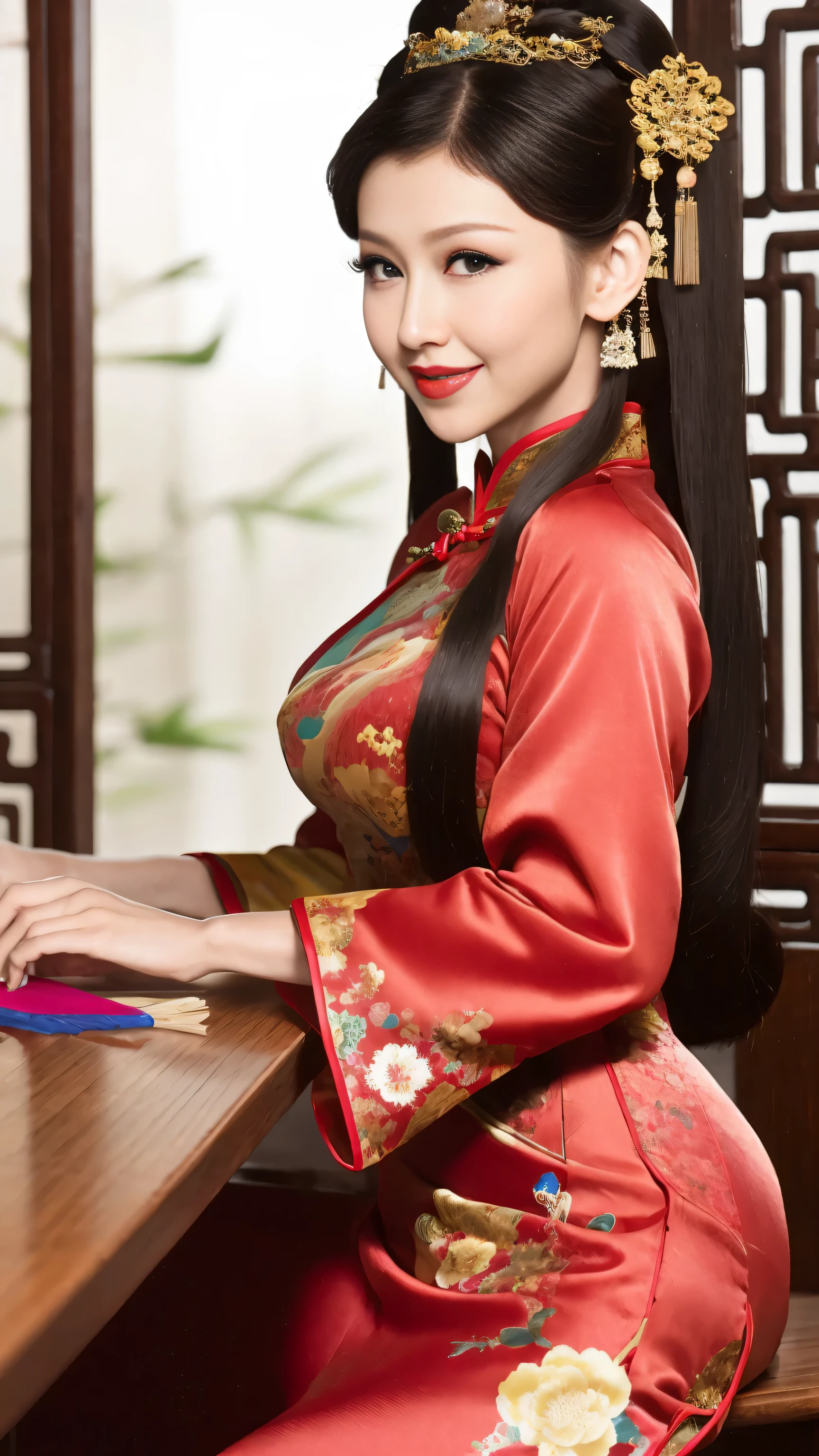 a mature actress, long hair,gravure printing, bright environment, (((sharpen))), Surrealism, {{{on the table}}}, {{{best quality}}}, {{super detailed}}, {{extremely delicate and beautiful}}, Eyes are moist, Very detailed, ((natural skin color)), fancy makeup, red lipstick, ((milf)), milf, ((on the table)), top quality, high level of image quality,16k, (The focus is on the chest), (a sexy girl), ((staring at this)),(((Chinese style cheongsam))),(((Chinese hairstyle))),(((whole body image))),(((The background is ancient Chinese interior decoration))),((Smile)),