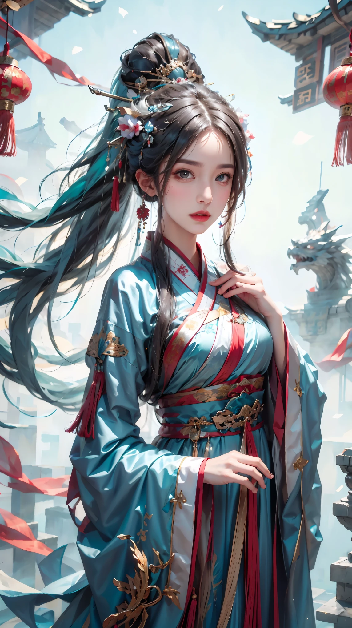 8k, best quality, (photorealistic:1.4), raw photo, 1girl, blue hair, dragon horn, china new year hanfu,new year background 