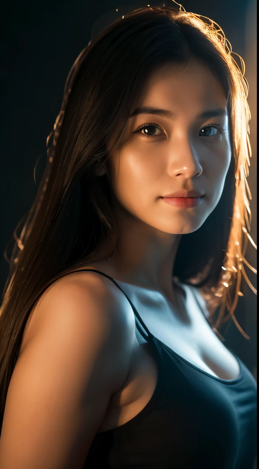 highest quality, epic realistic, ((in the pitch black darkness :1.4)), ((portrait:1.5)),(background: dark ) high contrast ,glorious picture, lowest lux, lighting face, she's comfortable, wearing nothing, looks incredible, (8k, Raw photo, Highest quality),(epic realistic:1.5), a woman, face,(detailed eyes:0.8),(looking at the camera:1.4), (Highest quality), ( high contrast, deep shadows),Intricate details,cinematic,((skin:1.4)), (long dark hair:1.3), long hair, messy ,(Hdr:1.5),Detailed, colors, Superior quality, Masterpiece, Raw Photo (20-year-old, looking at viewer), beautiful, (wearing plain yellow shirt,), perfect, natural, perfect composition, portrait, perfect face, smiling expression, Captivating eyes, Bright details, Tight lips, (High Skin Detail),, (blue tint: 0.6), (sale: 0.8), (bloody: 0.7), Key lighting , (backlight: 0.5), Medium depth of field, Canon 5d, 50mm lens, f/4 apertures, (Ultra-detailed, Complex detail), sharp focus, soft colors, 8k, Absurd, 80mm, dark background, photography, smiling,medium ,