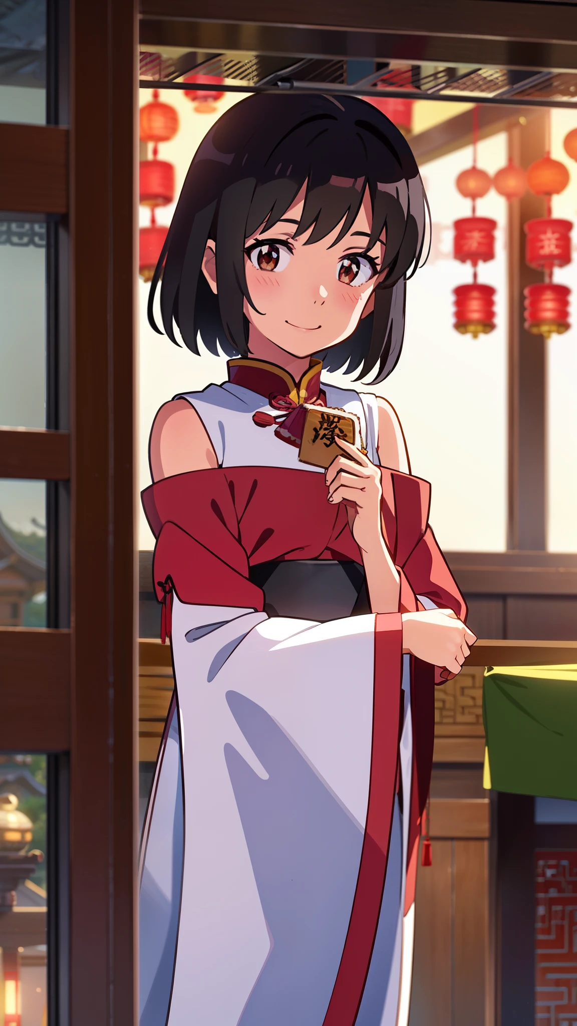 shinkai makoto, kimi no na wa., 1girl, bangs, black hair, blush, brown eyes, shiny skin, smile, cute, shrines, shrine maiden clothes, Off-the-shoulder, looking at the viewer, short hair, solo, chinese-style, chinese buildings, spring flower, red lanterns, lunar new year, indoors, upper body