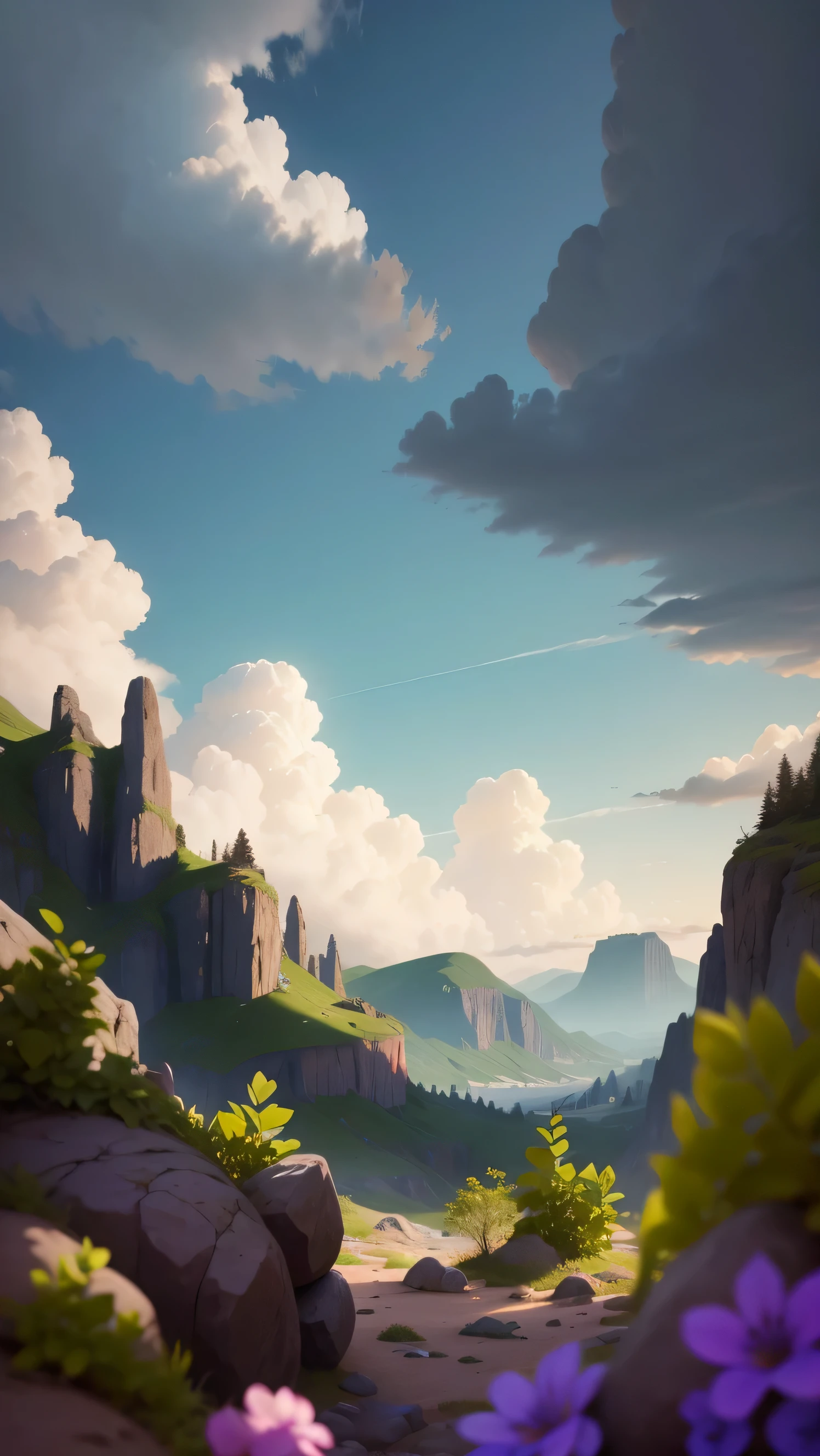 Highly detailed. With very high detail. clear image. Colorful artistic landscape with bright green plants and brown stones. 8k