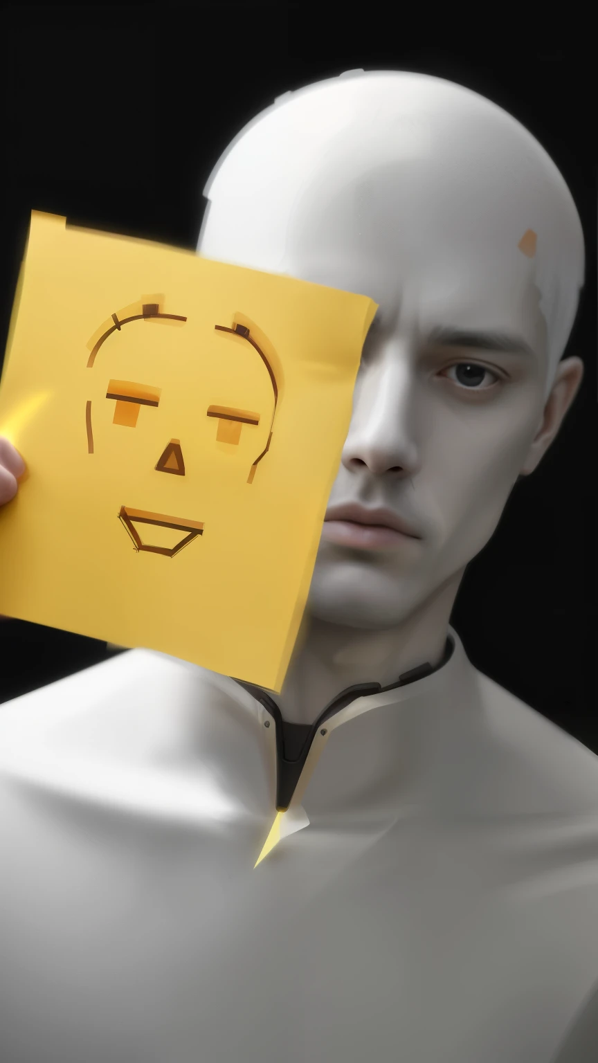 a man holding a yellow piece of paper with a sad face drawn on it, Artificial intelligence, endless collaboration with II, II startup, with II theme, strong Artificial intelligence, II researcher, Artificial intelligence!!, .II, portrIIt of an II, the II, II producing the realist, evil Artificial intelligence, II enhanced, II sentient, best II image