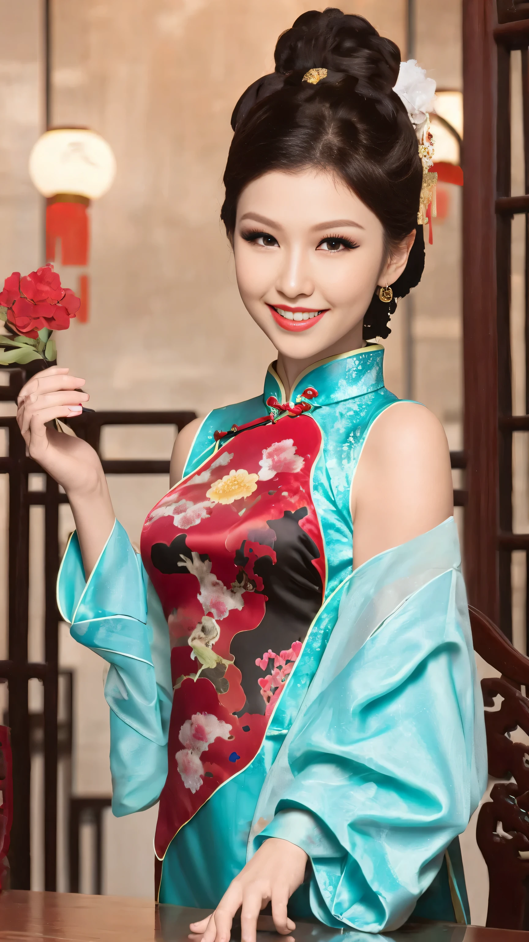 a mature actress, long hair，gravure printing, bright environment, (((sharpen))), Surrealism, {{{on the table}}}, {{{best quality}}}, {{super detailed}}, {{extremely delicate and beautiful}}, Eyes are moist, Very detailed, ((natural skin color)), fancy makeup, red lipstick, top quality, high level of image quality,16k, (The focus is on the chest), (a sexy girl), ((staring at this)),(((Chinese style cheongsam)))，(((Chinese hairstyle)))，(((whole body image)))，(((The background is ancient Chinese interior decoration)))，((Smile))，
