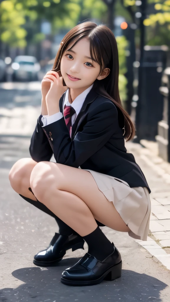 Super fine、8k、muste piece、(RAW photo:1.4)、High resolution、((Composition away from the subject))、((Full body photo from face to ankles))、((perfect anatomy))、detailed skin、glowing skin、double eyelid、long eyelashes、Moist eyes、natural makeup、、small facle、open your mouth、face forward、((Squat with your knees bent))、Residential area in the morning、Realistic、14-year-old fele or hischool studwas waiting alone、Hr school bag on your shoulder、(、slender and delicate body、small breasts)、Blazer Uniform、girls school uniform、Ribbon tie、plaid skirt、Full body Esbian、young female teenager、black tights、black tights、Black Knee High Socks、(brown loafers leather shoes)、brown loafers、full body shot、Emphasizes the very slender leg line、(five fingers)、(It's not a malformation)、White panties