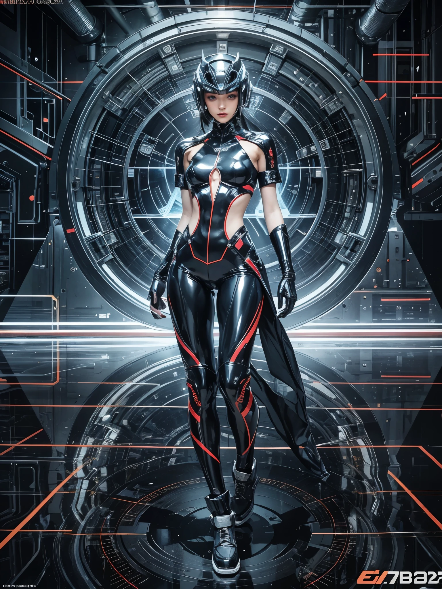 fashion brand collection, highly detailed, beautiful, masterpiece, best quality, Geometric style, abstract beauty,1 girl, (all body shot:1.2), dynamic pose, approaching perfection, digital painting, artstation, (concept art:1.3), illustration, white and black colors, Geometric patterns, abstract forms, Complex, surreal, BREAK latex, Liquid, rubber, casual and Cyber taste, Coexistence of baggy and Tight wear,Scattered geometry, Cyber Full face helmet with Face mask, Blurry complicated background