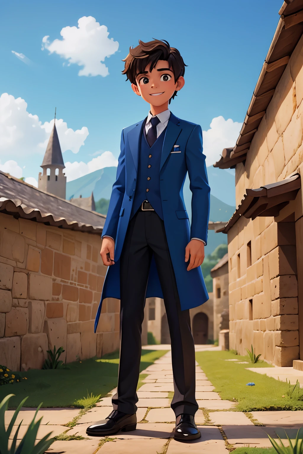 Handsome 15 year old boy, (adolescente adulto), Solo, sonrisa alegre, mirando al espectador, traje azul oscuro de principe de disney, fondo limpio azul, parte superior del cuerpo, (pelo negro liso), borroso, (cabello corto), ojos marron oscuro, en un castillo medieval, cielo azulado