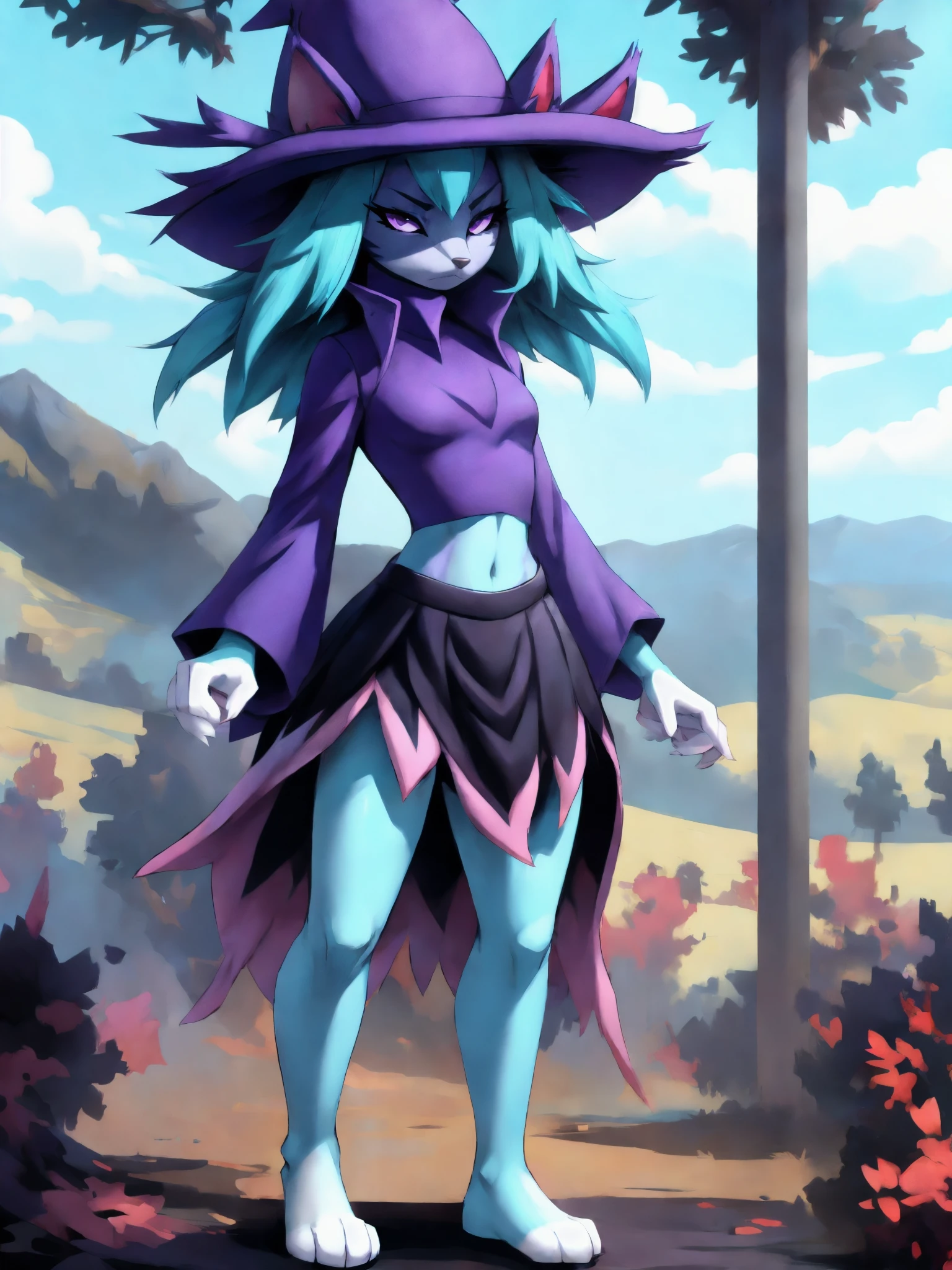 palkatress, anthro, solo, female, tall slender body, wearing purple wizards hat, spikes purple cat ears with white tips, purple eyes, purple collared crop top with long sleeves, black flowy skirt, bare legs, turquoise furry body, white feet paws, black cat nose, black cat snout, turquoise hair, standing, forest, detailed background, high collar, by black-kitten, by azoomer, by braeburned, dynamic wizard pose, frowning,