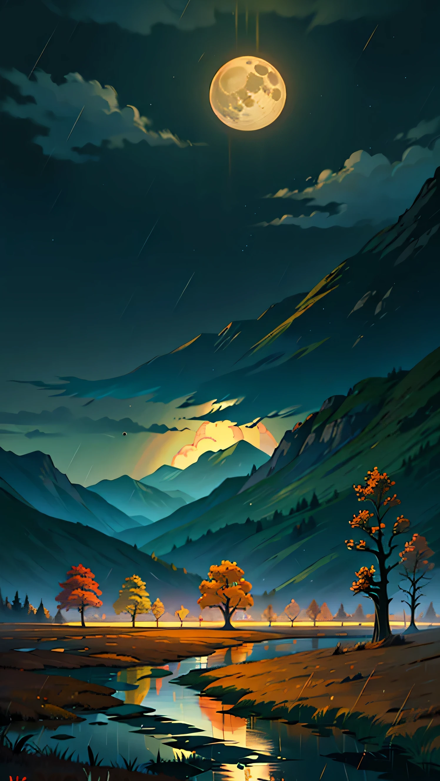 A painting of an autumn landscape, dead trees, dark cloud, rain, rain storm, mud puddle, dead grassy field, night time light, dark sky, full moon.