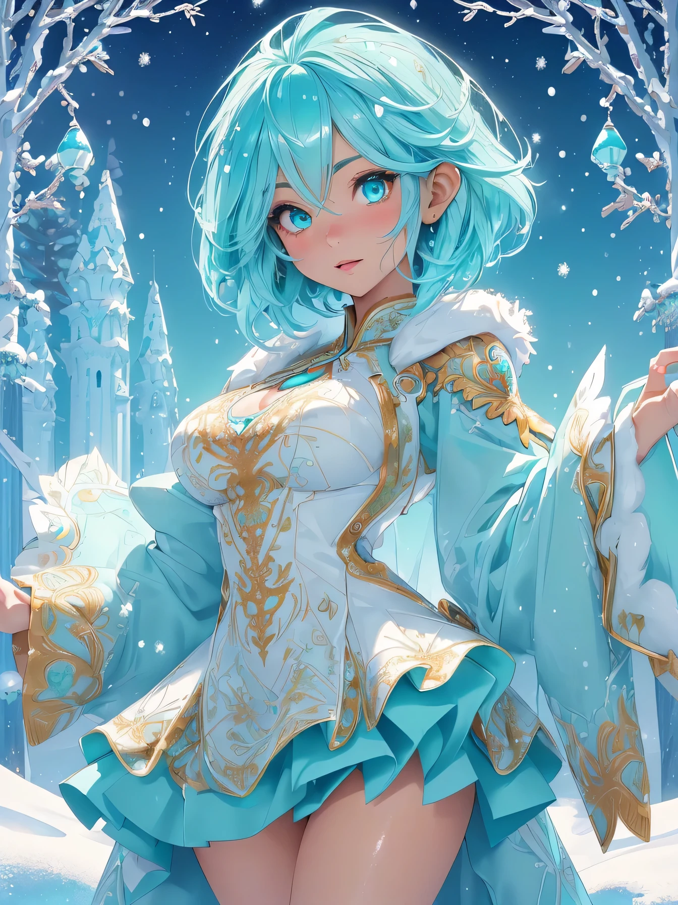 high resolution:1.7, incredibly absurdres, kawaii:1, cute:1.5, hires.fix, anime visual:1, incredibly fine illustration,8k,masterpiece:1.2,best quality, high quality, exquisite, beautiful, insanely detailed, intricate detailed, extremely detailed, Super Definition, ultra high res, Super Resolution, best aesthetic, ultra detailed:1.5, best quality, perfect face, detailed face, masterpiece:1.2, illustration:1.2, 8k cg wallpaper, stunning art,absurdres,octane render,ultra hires,
cute elf,tiny little body,((anime elf with extremely cute and beautiful aqua hair)),((((aqua hair:1.35,undercut aqua hair,short hair,colored inner hair,ear breathing)))),(((aqua_eyes:1.3))),intricate eyes,beautiful detailed eyes,symmetrical eyes,big eyes:1.5,(((pinky skin,glowing_skin,lustrous skin:1.5,bright skin: 1.5,skin tanned,shiny skin,very shiny skin,shiny body,plastic glitter skin,exaggerated shiny skin,illuminated skin))),upward breasts,(detailed body,(detailed face)),cute,daring,zettai ryouiki,show skin,(((aqua fur coat, aqua fur coat outfit, wearing a ice dress:1.3,aqua winter coat))), ((ice dress,elegant ice dress)),(white gloves,white clothes,(((intricate outfit,intricate clothes,embroidered outfit,ornate outfit,embroidered clothes,ornate clothes))),(dynamic pose:1.0),embarrassed,(centered,scale to fit dimensions,Rule of thirds),((snowy pine forest)),winter,scenery:1.25,((intricate scenery)),((snow forest background)),(Glossy winter ornaments),highres,sharp focus,(ultra detailed,extremely detailed),(photorealistic artwork:1.37),(extremely detailed CG unity 8k wallpaper),(((vibrant colors,vibrant theme))),(intricate),full body,(perfect body),standing,