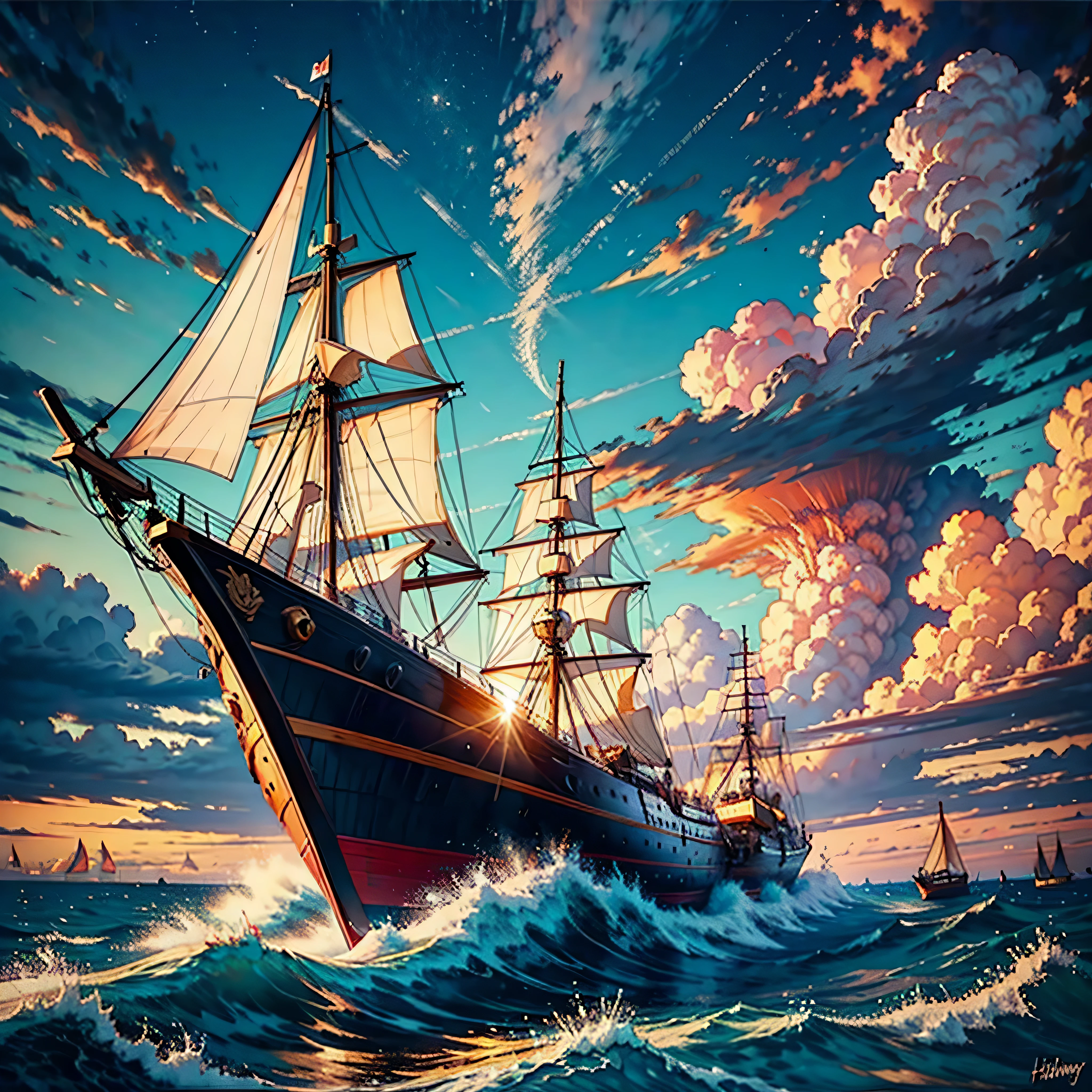 Real picture((Oil paints ))Landscape painting,acrycle painting,Brush strokes,With unparalleled realism,ultrawide,ominous skies,Sail ships,Wooden boats,Lotus,Huge waves,Starry night,Harry Potter,voluminetric lighting,Clearing,Realistic,james gurney,art stations,((Paint with oil painting))