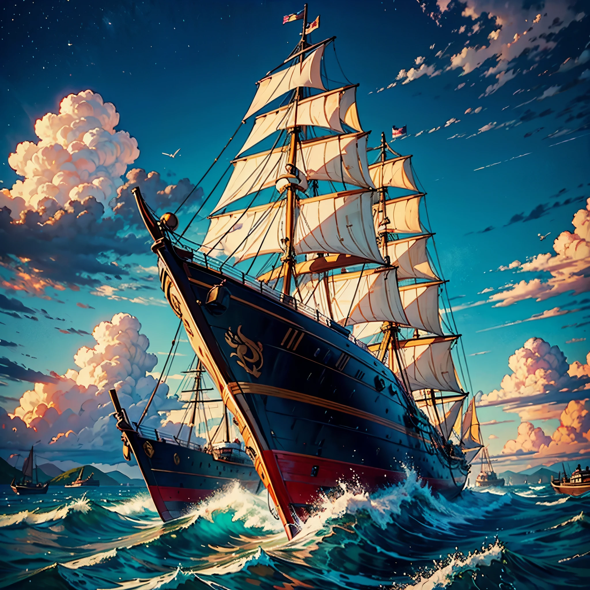 Real picture((Oil paints ))Landscape painting,acrycle painting,Brush strokes,With unparalleled realism,ultrawide,ominous skies,Sail ships,Wooden boats,Lotus,Huge waves,Starry night,Harry Potter,voluminetric lighting,Clearing,Realistic,james gurney,art stations,((Paint with oil painting))