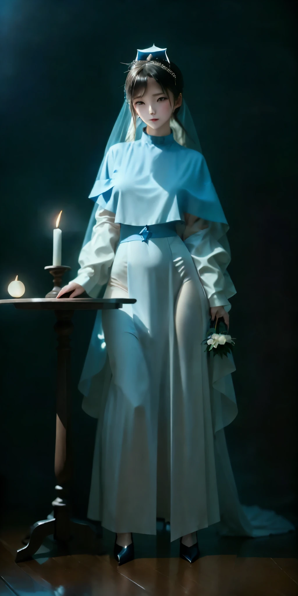 blurred image of a woman dressed in a blue dress and veil, obras de arte no estilo de guweiz, artgerm e atey ghailan, por Yanjun Cheng, inspirado no Mestre da Lenda de Santa Luzia, Makoto Shinkai, sacerdotisa, Guilherme H.. pongiluppi, Direction: Eglon van der Neer, sexy , nudes , curvas , sem rosto sexy sex nudez 