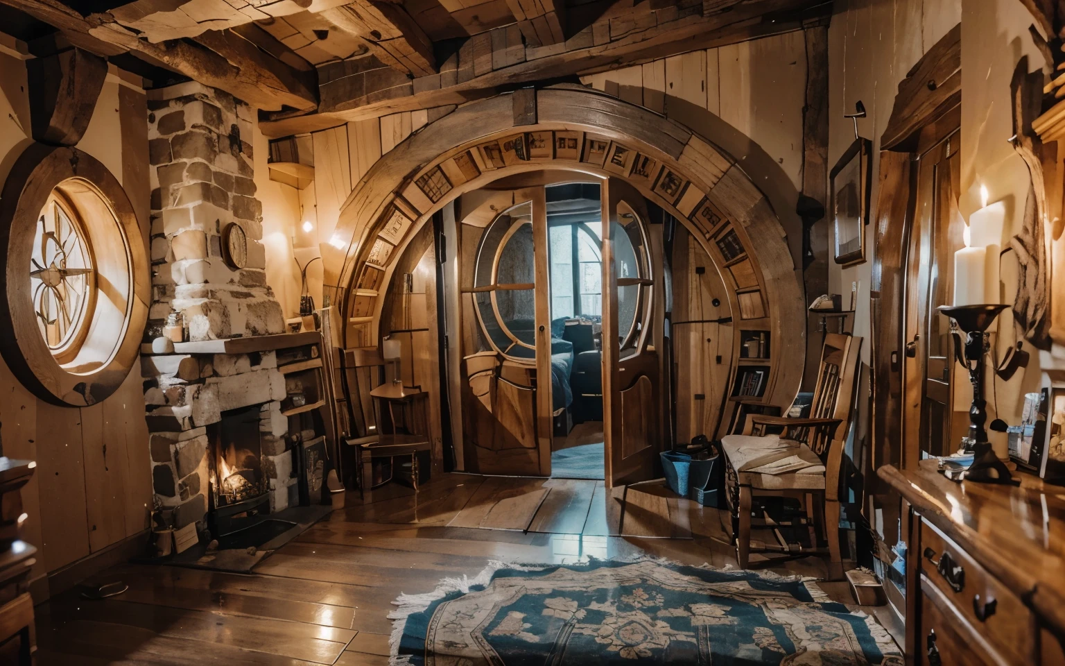 a beatiful cozy hobbit wooden castle, with a side fireplace, a room with carpet and incledible glass, theres candles in image ( DO IT MUCH BETTER AND MORE DETAILED OBJECTS IN ROOM)