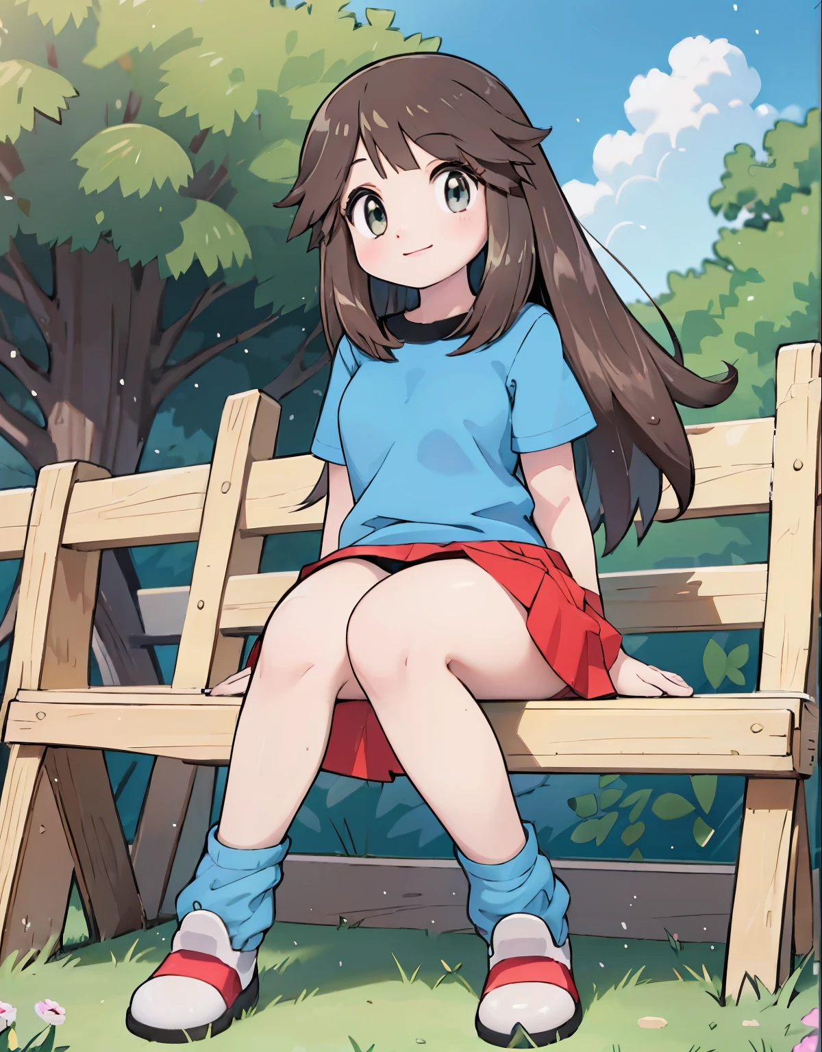 best quality,highres,masterpiece:1.2,ultra-detailed,realistic:1.37,HDR,UHD,studio lighting,extreme detail description,colorful,bokeh,illuminating sunlight,portrait,anime eyes style,green hues,curious-looking teenage girl with chubby thighs and round beautiful and detailed eyes, detailed anime-style eyes, anime style eyes, beautiful eyes, detailed eyes, walking in a garden,gyal stems in the foreground,isible thighs,sitting,red skirt,blue shirt, loose socks, white footwear,knees together,smile,upskirt,white panties