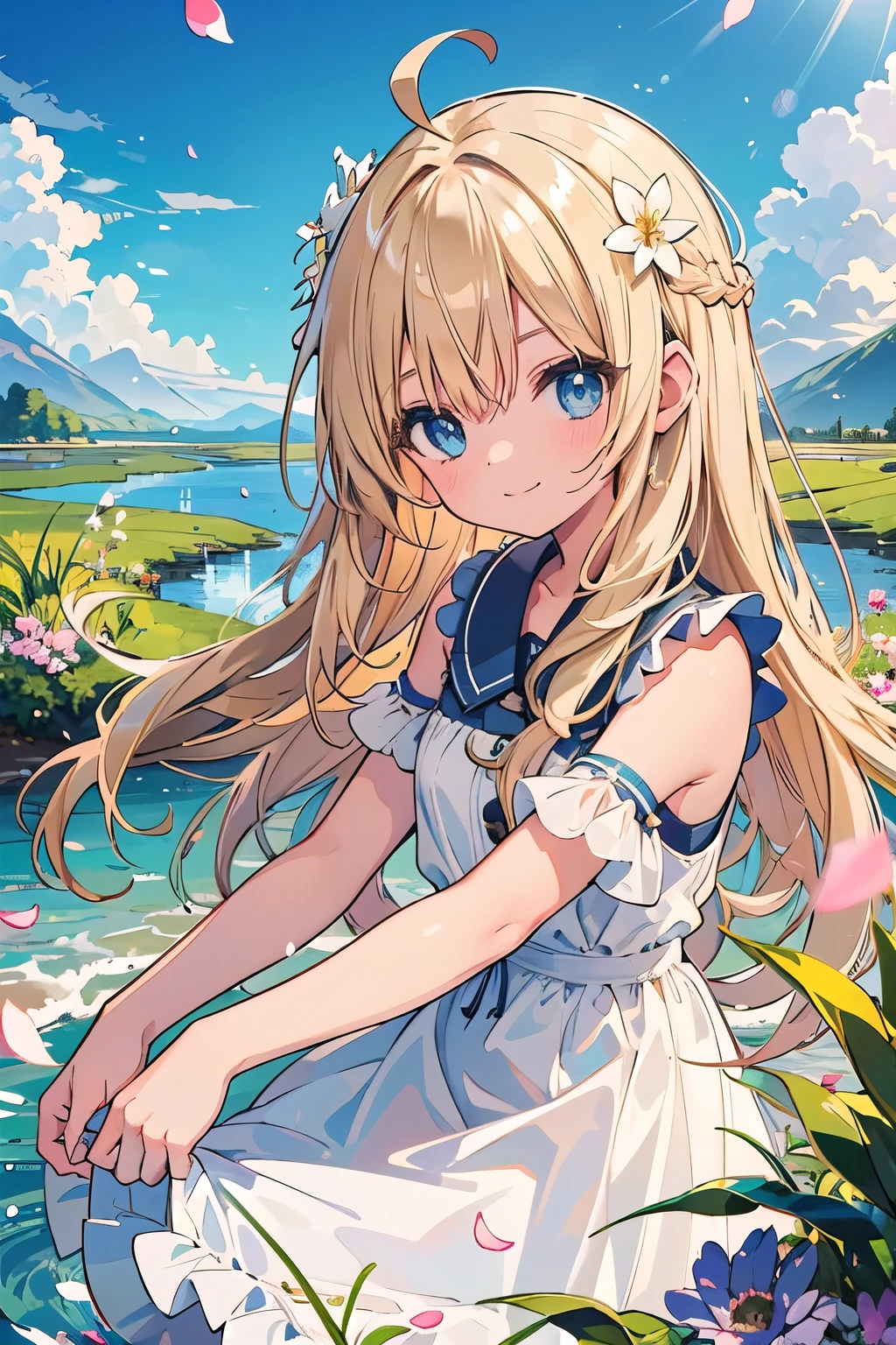 (masterpiece), scenery,summer marsh Upper body, 1 girl, adventurer clear shiny blonde hair brown skin ruffle dress Ahoge long hair side knot blue eyes Petals flutter looking at the viewer smile water play fine