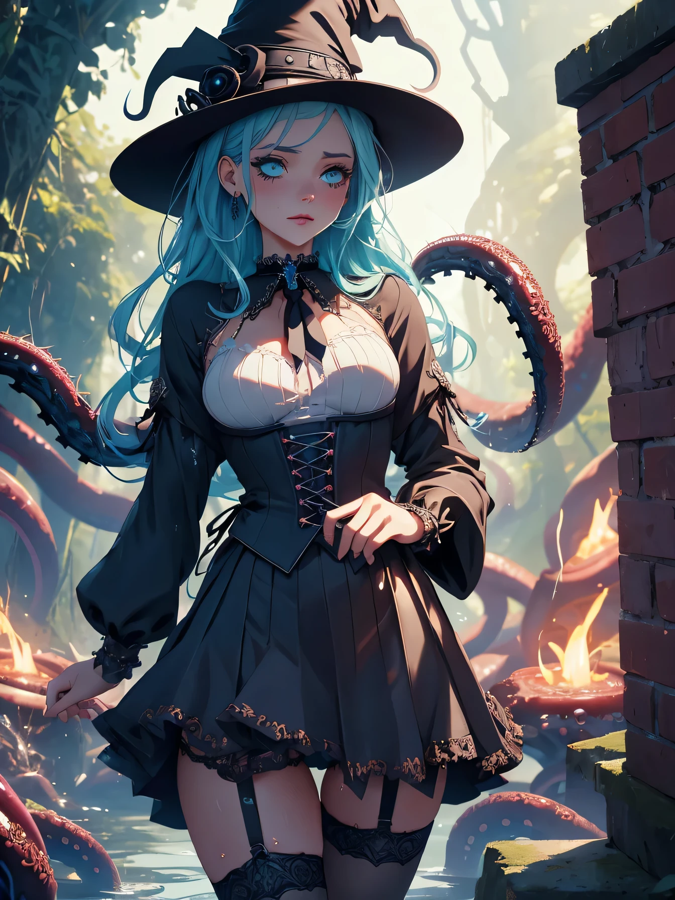 high resolution:1.7, incredibly absurdres, kawaii:1, cute:1.5, hires.fix, incredibly fine illustration,8k,masterpiece:1.2,best quality, high quality, exquisite, beautiful, insanely detailed, intricate detailed, extremely detailed, Super Definition, ultra high res, Super Resolution, best aesthetic, ultra detailed:1.5, best quality, perfect face, detailed face, masterpiece:1.2, illustration:1.2, 8k cg wallpaper, stunning art,absurdres,octane render,ultra hires,
(((wizard girl, gothic style girl, wet girl))),(Two-toned hair with pink and light blue tips),(hair, realistic:1),She has long eyelashes that add to her captivating appearance, green eyes, medium and pointy breasts,(soft breasts),arms behind back, spread legs,(((girl dressed as a magician,micro skirt,cute gothic fashion))),(((white side-tie panties))),midriff peek,(garter belt,Stockings),sweat, steam,dark forest,(on tentacle pit),(((tentacles))),Gothic Choker with chains,thighlet,(Wizard's hat),holding shining sword