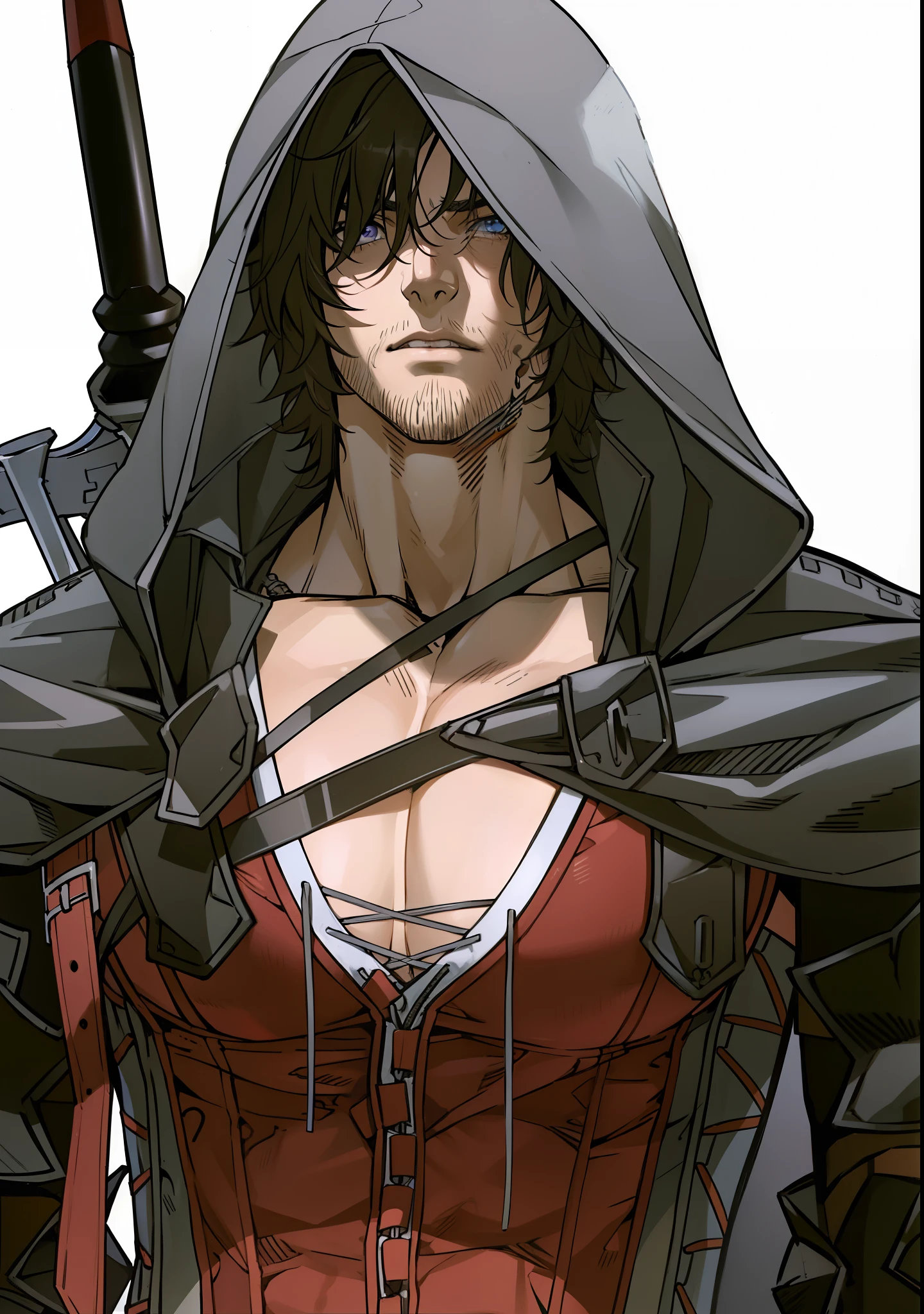 (absurdos, Altas Resoluciones, Ultra detallado, HDR), Obra maestra, nsfw, La mejor calidad, final fantasy xvi, clive rosfield, 1hombre solamente, guapo, pelo corto, cabello negro, Ojos azules vibrantes, ojos finos y cara detalladas). Final Fantasy, clive rosfield,, abs, badass pose, Chico de anime con capucha, pose sexy, Anime hombre guapo, Personaje masculino de anime, Badass Anime 8K, Arte detallado del personaje de anime, WLOP, Takahashi Kazuya, tetsuya nomura, takeshi obata