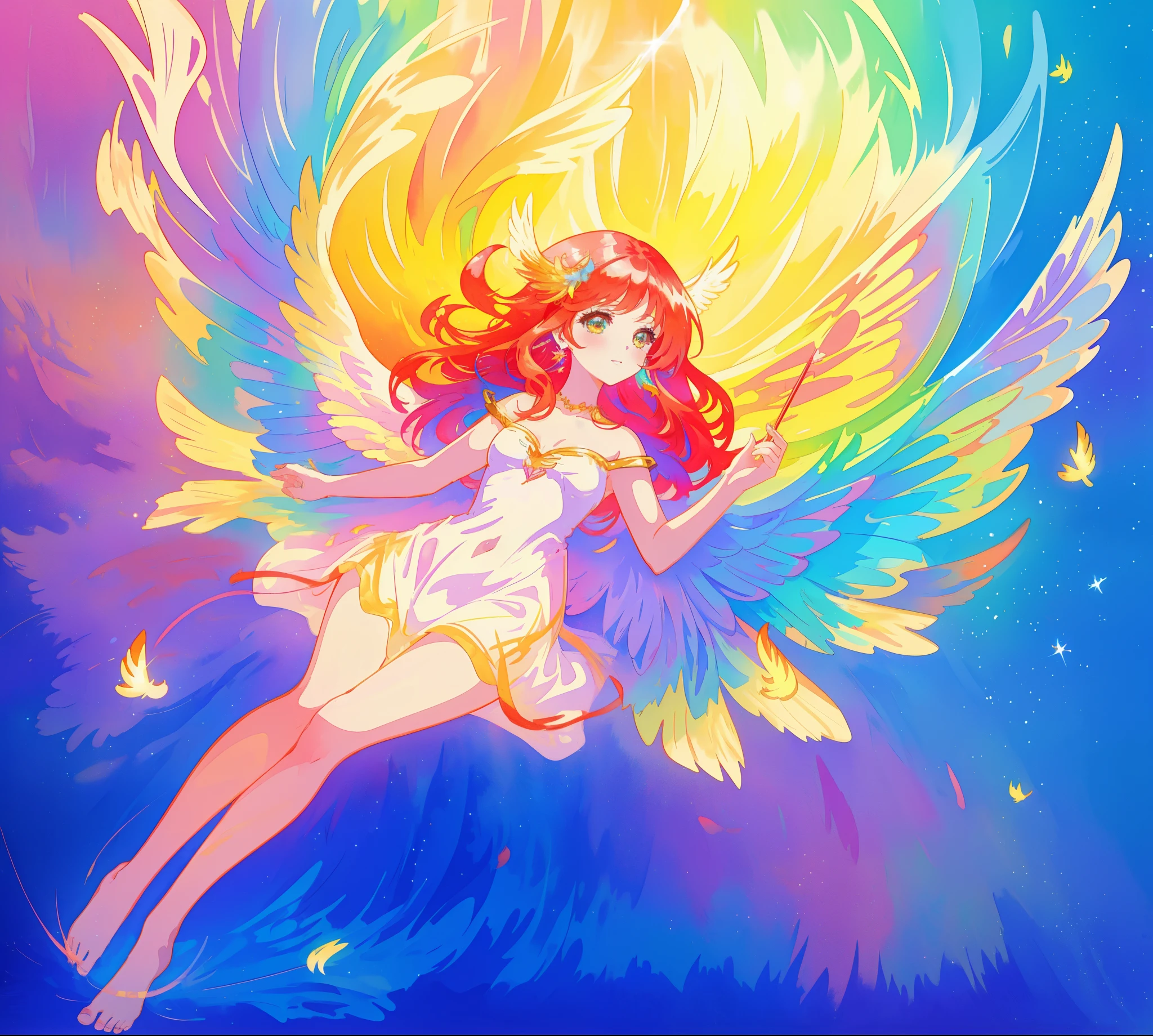 beautiful angel girl barefoot in shimmering long colorful dress, ((colorful angel wings)), vibrant pastel colors, long flowing red hair, colorful fantasia background, watercolor illustration, disney art style, beautiful digital illustration, beautiful, masterpiece, best quality, anime disney style, beautiful face, ((angel)), ((angel wings))