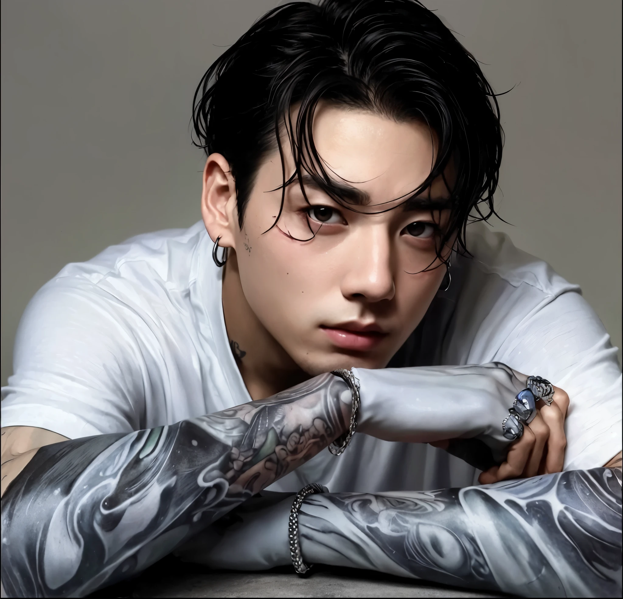 Arafed man with tattoos on his arms and his arm resting on a table., Jungkook, hyperarte realistastyle, inspirado por Yanjun Cheng, fotorrealista!!!!!!! Artistic style, Retrato ultra realista, cute japanese demon boy, cai xukun, inspirado em Gang Se-hwang, Estilo Hajime Sorayama, arte realista, hiperrealismo!!, arte realista