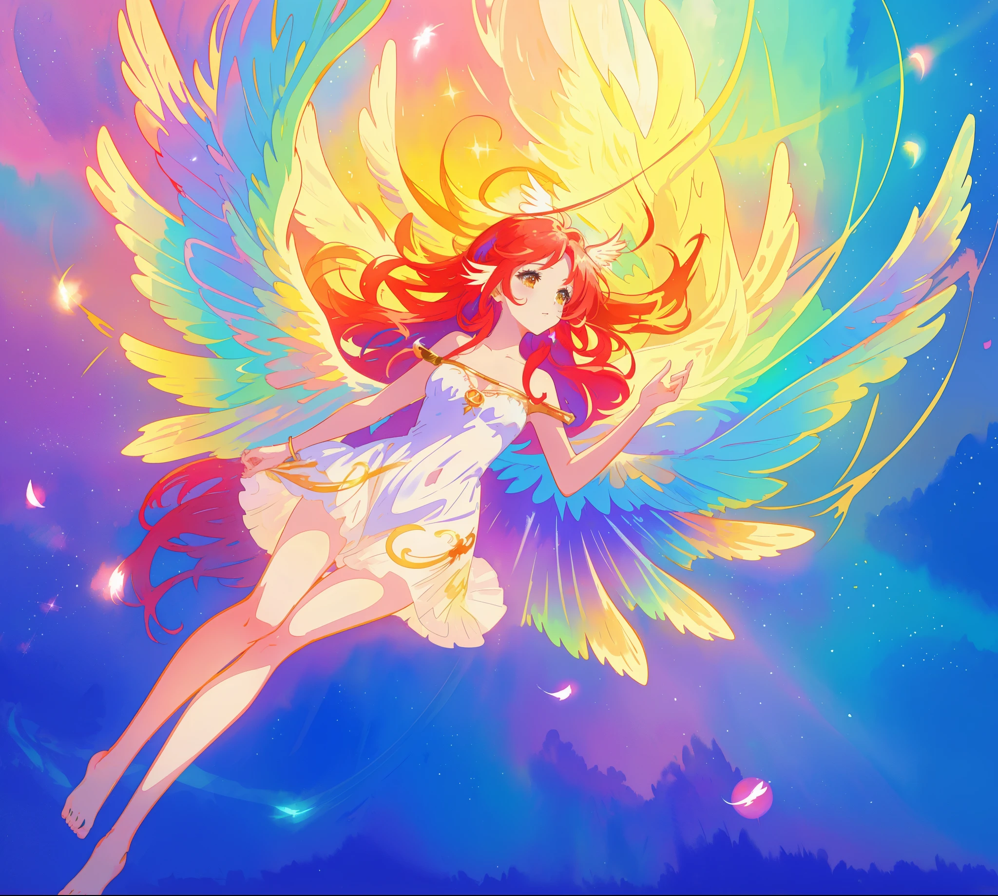 beautiful angel girl barefoot in shimmering long colorful dress, ((colorful angel wings)), vibrant pastel colors, long flowing red hair, colorful fantasia background, watercolor illustration, disney art style, beautiful digital illustration, beautiful, masterpiece, best quality, anime disney style, beautiful face, ((angel)), ((angel wings))