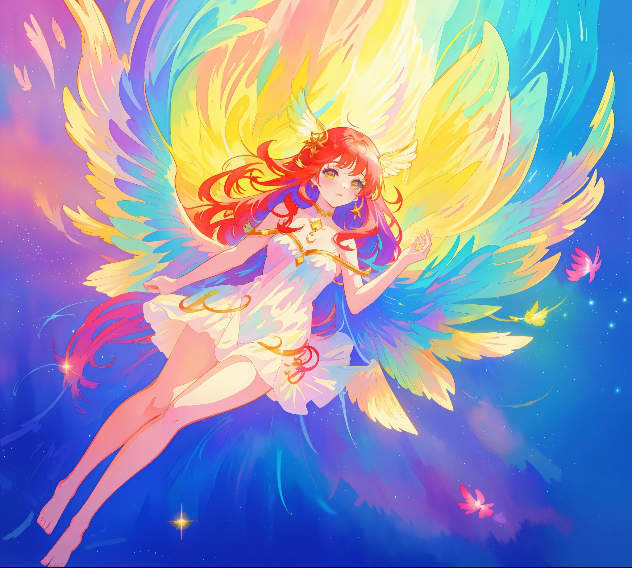 beautiful angel girl barefoot in shimmering long colorful dress, ((colorful angel wings)), vibrant pastel colors, long flowing red hair, colorful fantasia background, watercolor illustration, disney art style, beautiful digital illustration, beautiful, masterpiece, best quality, anime disney style, beautiful face, ((angel)), ((angel wings))
