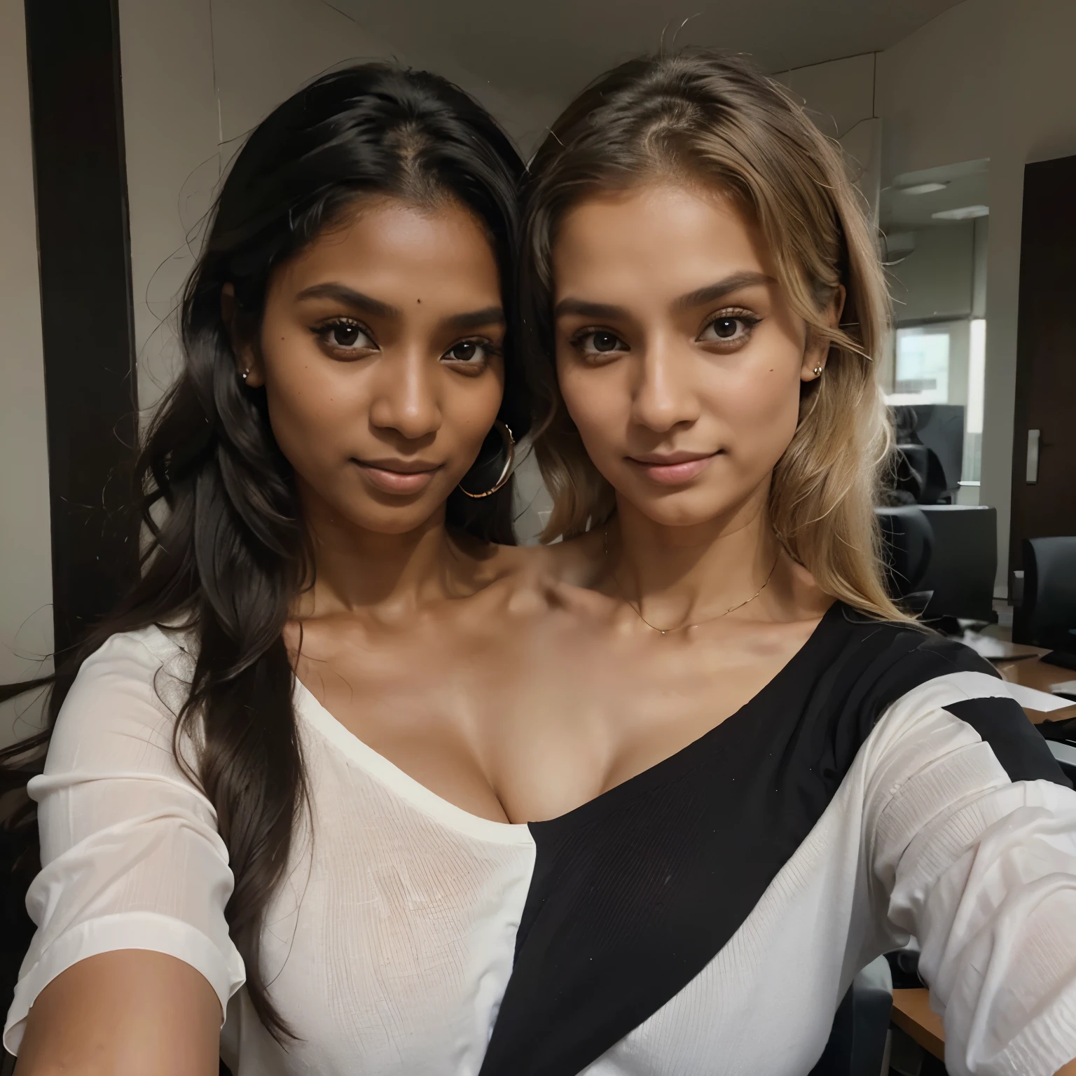 22-year-old dark Sri Lankan woman named Kasuni and, her pure white Canadian mother blonde named Celestia, looking at the camera, ((make sure Celestia is a blonde, white Canadian 48-year-old woman, aged)), ((Kasuni is 22-year-old, solid black long ponytail hair, dark skin)), ultra-realistic selfie photo, feminine features, (both have same facial components), formal office suits, jewelry.