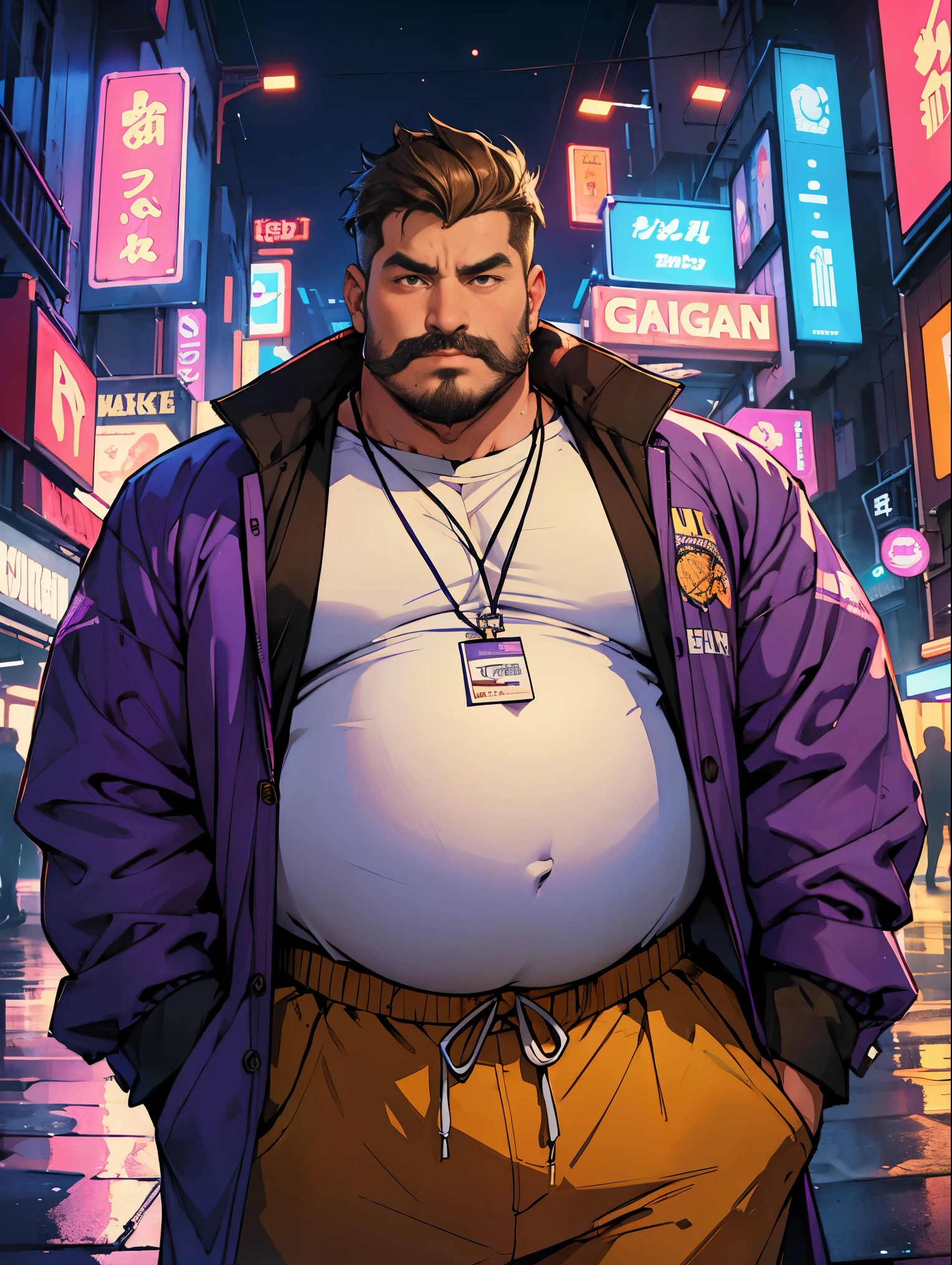 masterpiece, best quality, Man,The man who wears purple clothes, short, small, Fat,Fat Man,A brown-haired,Short legend,mustache,Lunette de soleil,I have a big stomach,Face is large,Guts Pose, Sweating, futuristic city background, neon lights on background