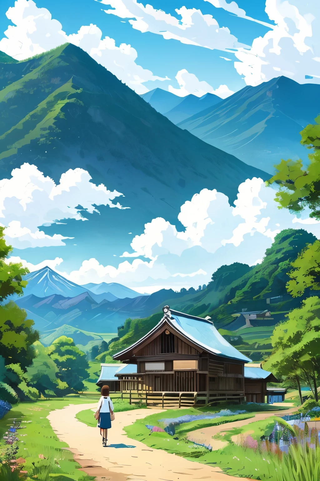 Japanese countryside in art style, Blue sky, lots of clouds, mountains and rivers, An old wooden house, young adult woman walking on the road, Strong colors in the style of Studio Ghibli