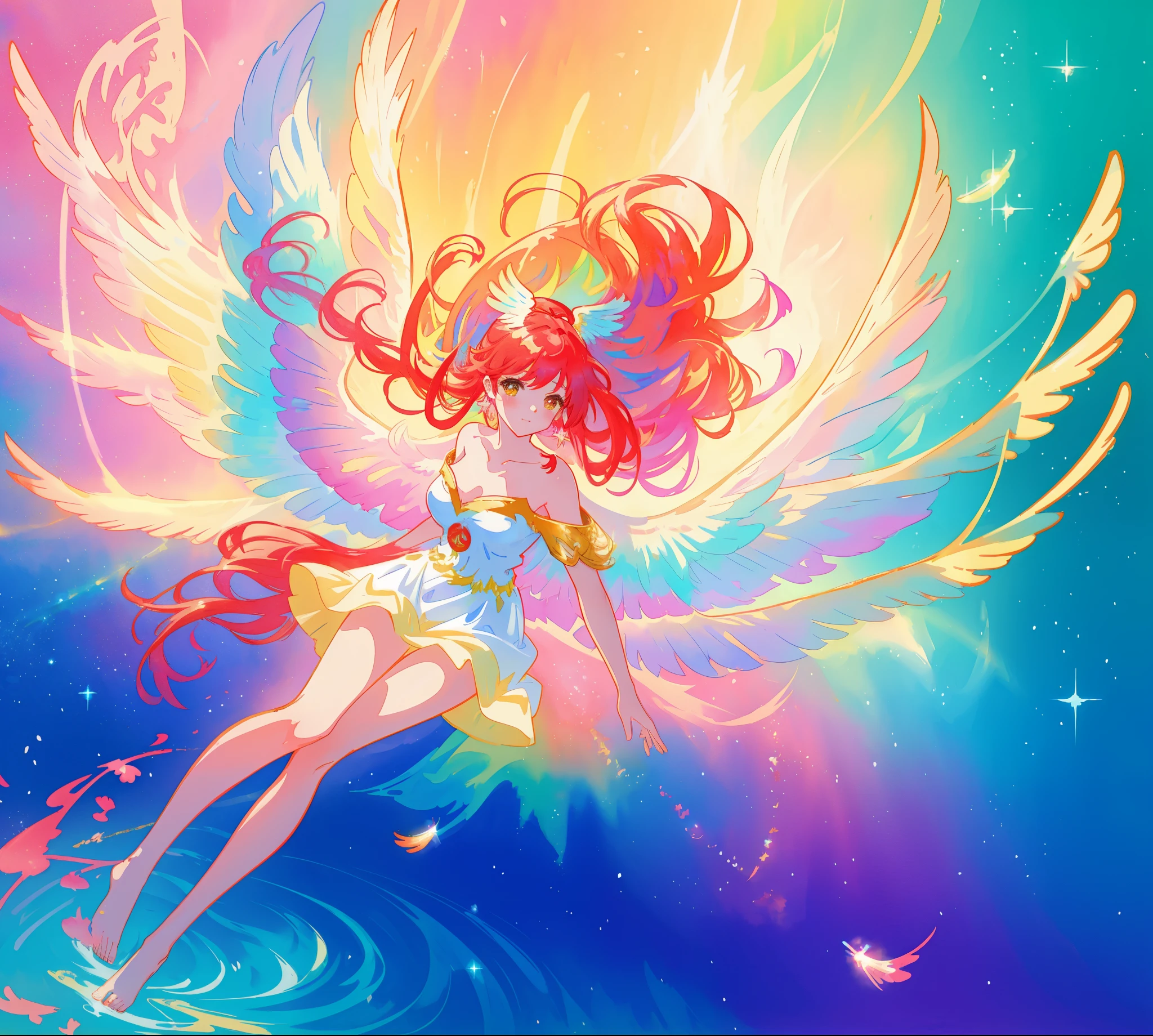beautiful angel girl barefoot in shimmering long colorful dress, ((colorful angel wings)), vibrant pastel colors, long flowing red hair, colorful fantasia background, watercolor illustration, disney art style, beautiful digital illustration, beautiful, masterpiece, best quality, anime disney style, beautiful face, ((angel)), ((angel wings))