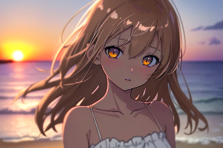 masterpiece, high quality, highres, A girl in a one-piece dress standing on the beach at duskm, The illustration is drawn in watercolor with a pastel color scheme, soft touch color, looking at viewer, portrait, face focus, collarbone, long brown hair, dark skin, hair between eyes, beautiful and delicate brown eye's, eye's in highlight, catch light eyes, specular highlight eyes, parted_lips, white one-piece dress, okinawa, beach, sunset, magic hour, twilight, bokeh, Blurred Backgrounds, depth of field,