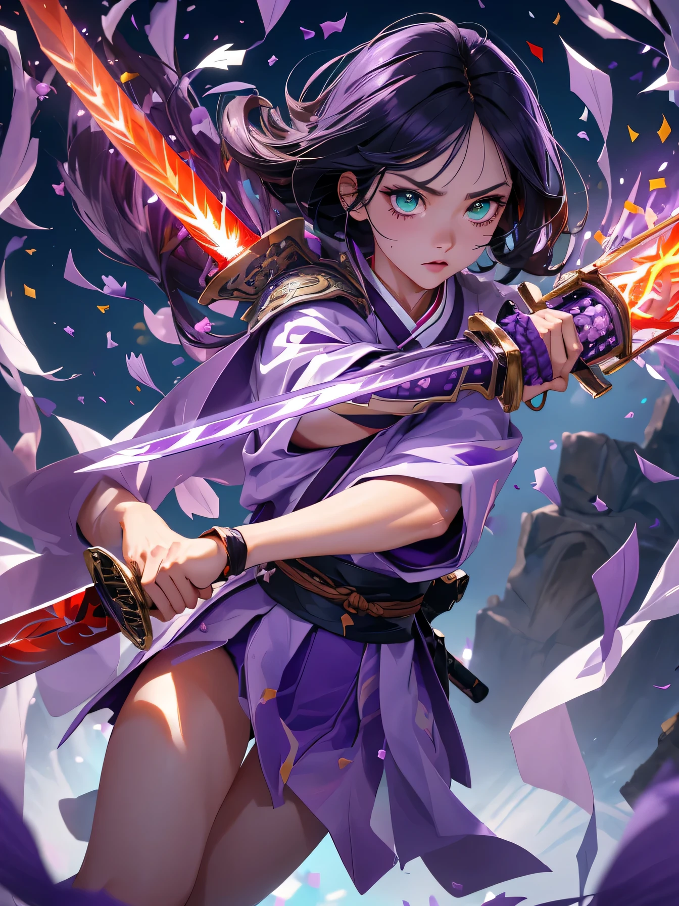high resolution:1.7, incredibly absurdres, kawaii:1, cute:1.5, hires.fix, incredibly fine illustration,8k,masterpiece:1.2,best quality, high quality, exquisite, beautiful, insanely detailed, intricate detailed, extremely detailed, Super Definition, ultra high res, Super Resolution, best aesthetic, ultra detailed:1.5, best quality, perfect face, detailed face, masterpiece:1.2, illustration:1.2, 8k cg wallpaper, stunning art,absurdres,octane render,ultra hires,1girl, (kunoichi:1.2), black hair,(wide eyes:1.4,big green eyes,enchanting bright eyes studded with gold and silver dust,wet crystal eyes),(finely detailed beautiful eyes),lean body,waist slender,leg slender, (Japanese clothes),kimono,ninja, (kunoichi uniform), (gauntlet:1.2), (greave:1.2), (gaiter:1.2), (purple flame:1.5), (red fire:1.5), (holding white flame sword:1.5), (holding blue energy sword:1.3), (purple flame katana:1.3), (swing a purple flame sword:1.3),
battle,fight,(action pose: 1.4),(vengeful spirit come's attack), (vs vengeful spirit),(purple confetti:1.5),(cave),tentacles,dungeon,(dutch angle),dark mystic ruins