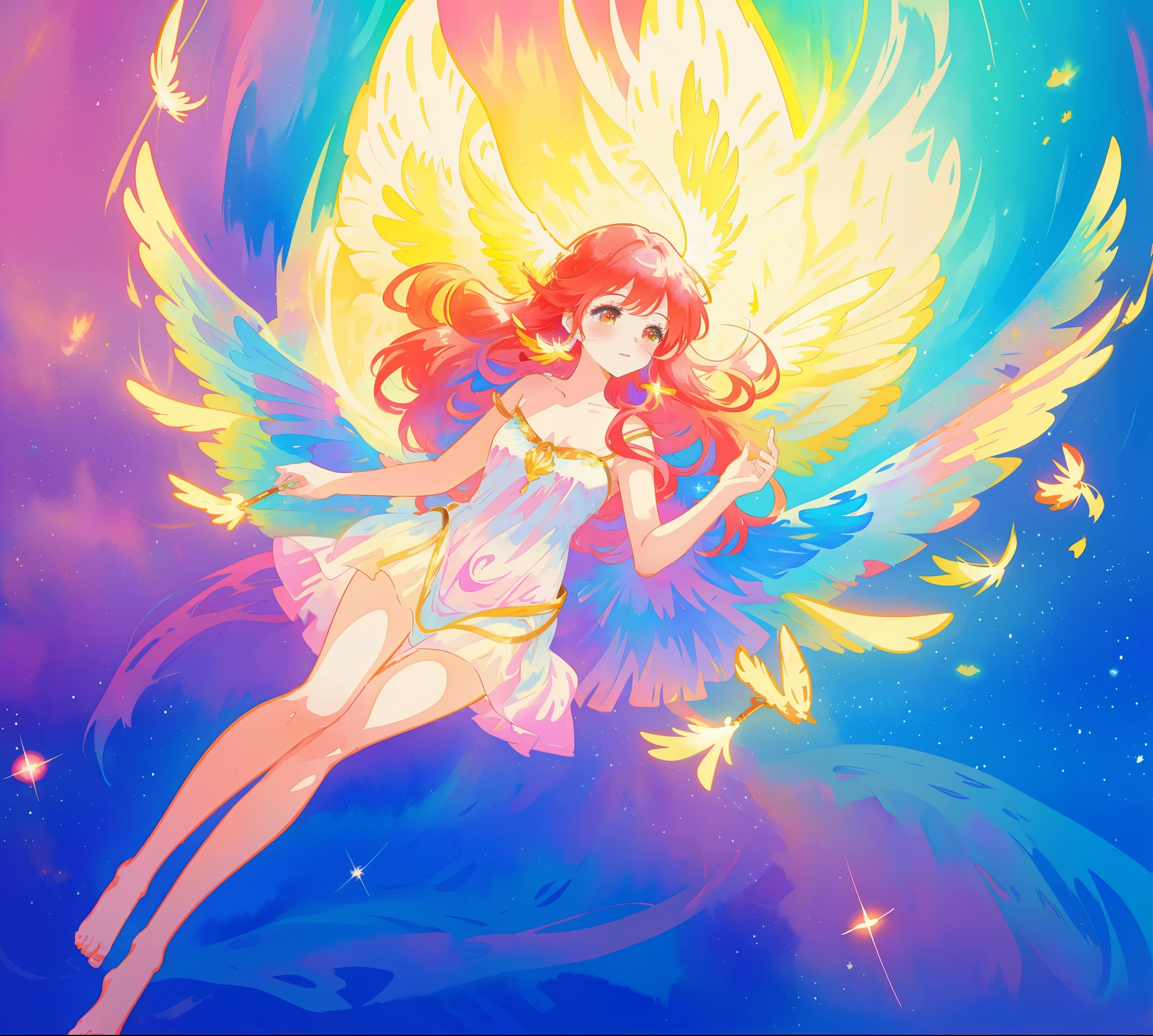 beautiful angel girl barefoot in shimmering long colorful dress, ((colorful angel wings)), vibrant pastel colors, long flowing red hair, colorful fantasia background, watercolor illustration, disney art style, beautiful digital illustration, beautiful, masterpiece, best quality, anime disney style, beautiful face, ((angel)), ((angel wings))