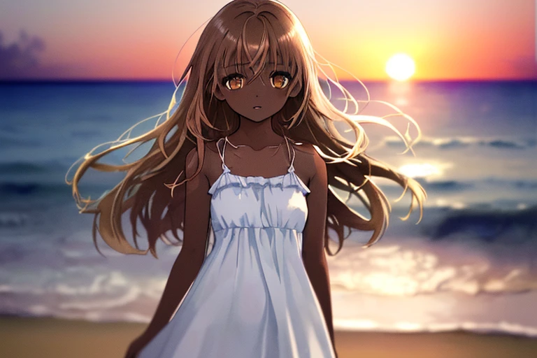 masterpiece, high quality, highres, A girl in a one-piece dress standing on the beach at duskm, The illustration is drawn in watercolor with a pastel color scheme, soft touch color, looking at viewer, portrait, face focus, collarbone, long brown hair, dark skin, hair between eyes, beautiful and delicate brown eye's, eye's in highlight, catch light eyes, specular highlight eyes, parted_lips, white one-piece dress, okinawa, beach, sunset, magic hour, twilight, bokeh, Blurred Backgrounds, depth of field,