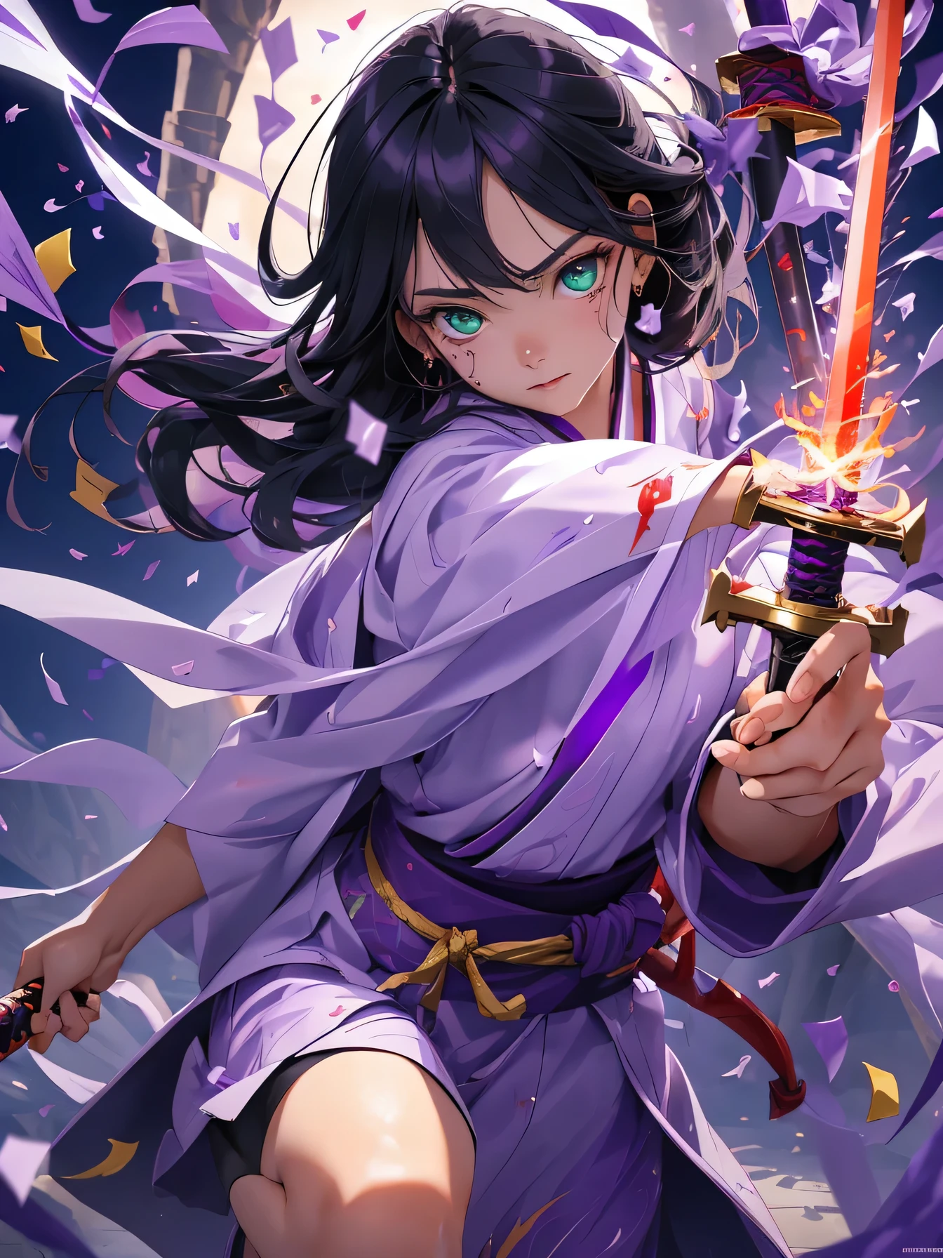 high resolution:1.7, incredibly absurdres, kawaii:1, cute:1.5, hires.fix, incredibly fine illustration,8k,masterpiece:1.2,best quality, high quality, exquisite, beautiful, insanely detailed, intricate detailed, extremely detailed, Super Definition, ultra high res, Super Resolution, best aesthetic, ultra detailed:1.5, best quality, perfect face, detailed face, masterpiece:1.2, illustration:1.2, 8k cg wallpaper, stunning art,absurdres,octane render,ultra hires,1girl, (kunoichi:1.2), black hair,(wide eyes:1.4,big green eyes,enchanting bright eyes studded with gold and silver dust,wet crystal eyes),(finely detailed beautiful eyes),lean body,waist slender,leg slender, (Japanese clothes),kimono,ninja, (kunoichi uniform), (gauntlet:1.2), (greave:1.2), (gaiter:1.2), (purple flame:1.5), (red fire:1.5), (holding white flame sword:1.5), (holding blue energy sword:1.3), (purple flame katana:1.3), (swing a purple flame sword:1.3),
battle,fight,(action pose: 1.4),(vengeful spirit come's attack), (vs vengeful spirit),(purple confetti:1.5),(cave),tentacles,dungeon,(dutch angle),dark mystic ruins