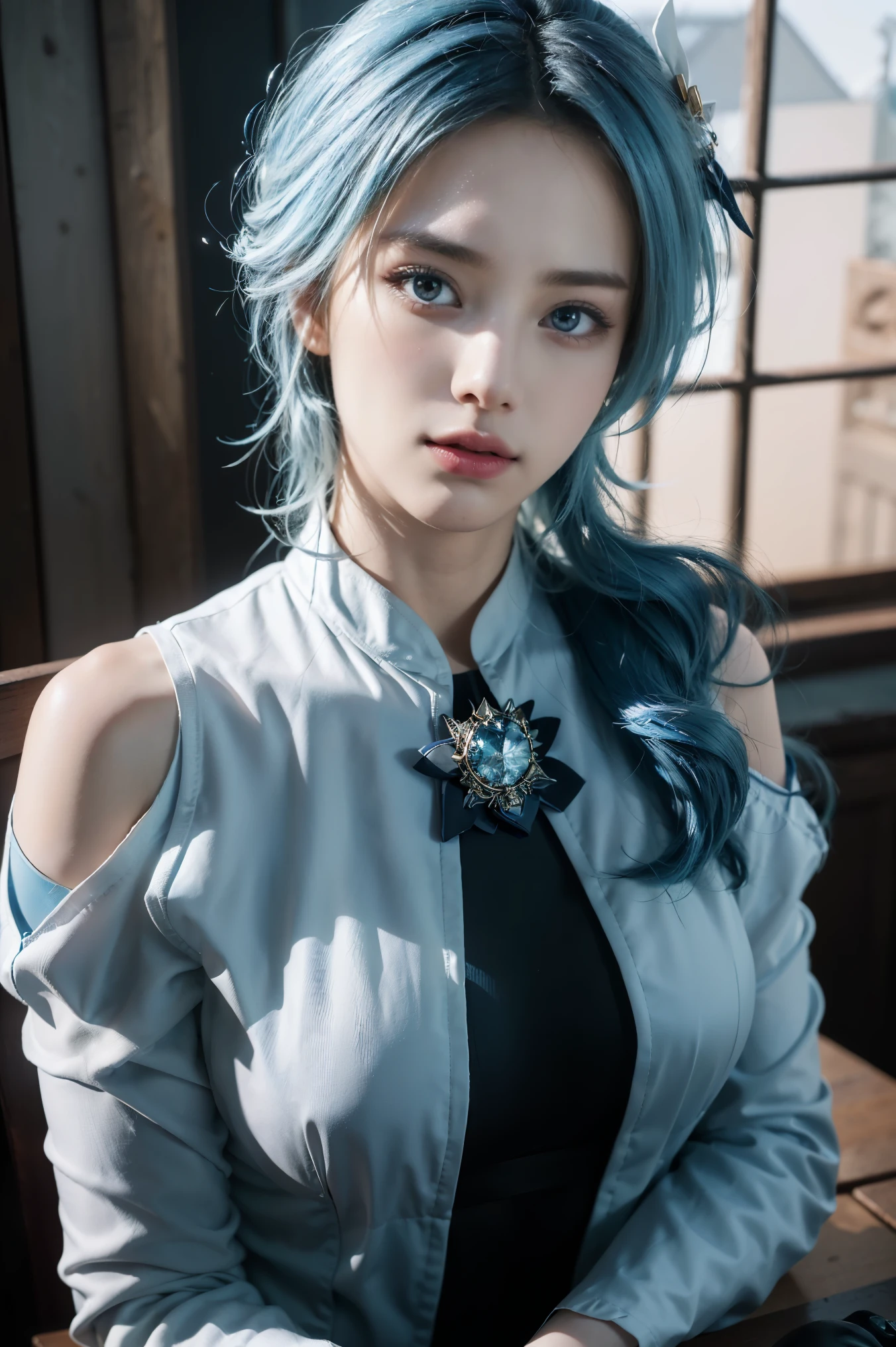 (photorealistic:1.4), (masterpiece, sidelighting, finely detailed beautiful eyes: 1.2), masterpiece*portrait, realistic, 3d face, eula \(genshin impact\), 1girl, ahoge, architecture, By bangs,Bare shoulders,Bell,black glove,(Black tights,light blue hair,Hair pin),Blushlush,Beautiful breasts,Chinese knot,the sleeve,flower knot,middle light blue hair,Look at the audience,middlebreast,Neckbells