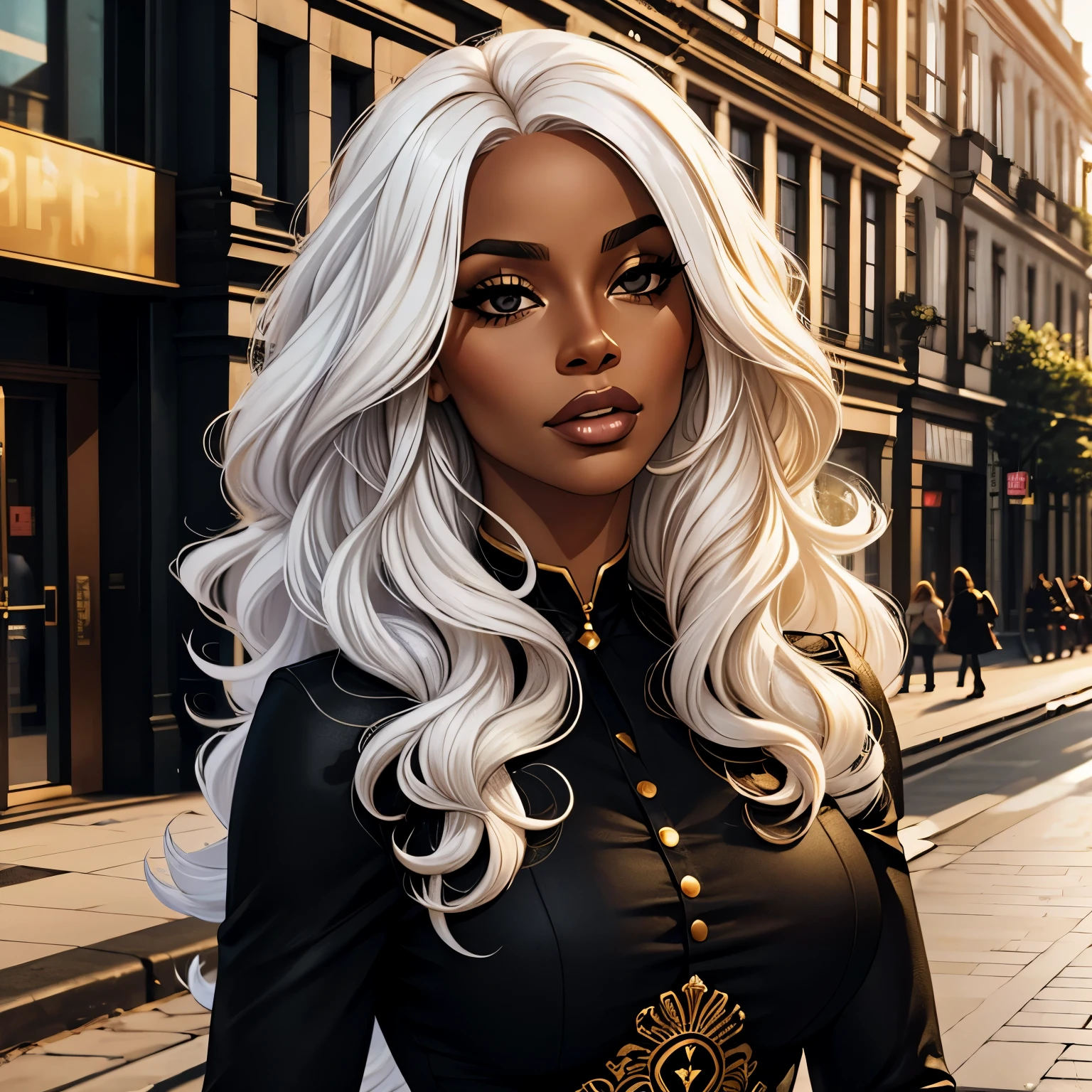 a woman, long white hair, curly hair, black eyes, a black woman, Golden dress,in the city of berlin,  best quality, masterpiece, black skin tone 