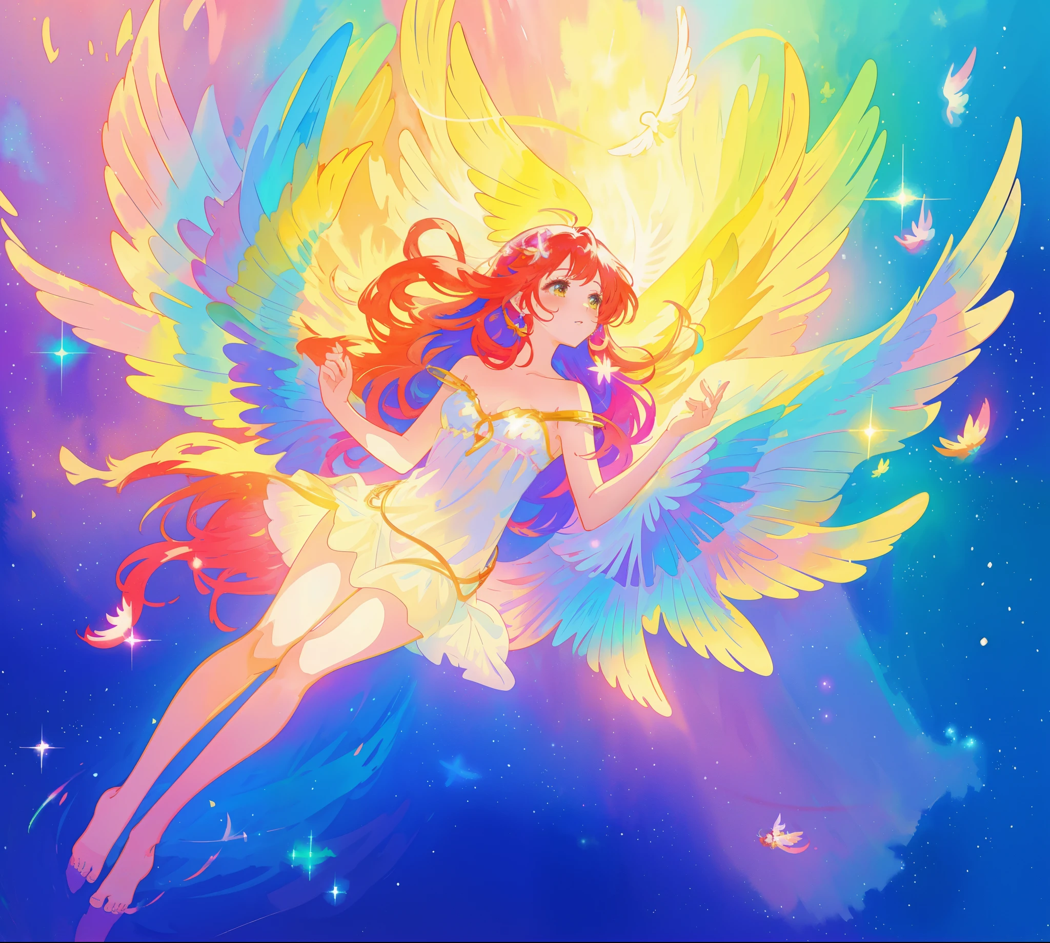 beautiful angel girl barefoot in shimmering long colorful dress, ((colorful angel wings)), vibrant pastel colors, long flowing red hair, colorful fantasia background, watercolor illustration, disney art style, beautiful digital illustration, beautiful, masterpiece, best quality, anime disney style, beautiful face, ((angel)), ((angel wings))