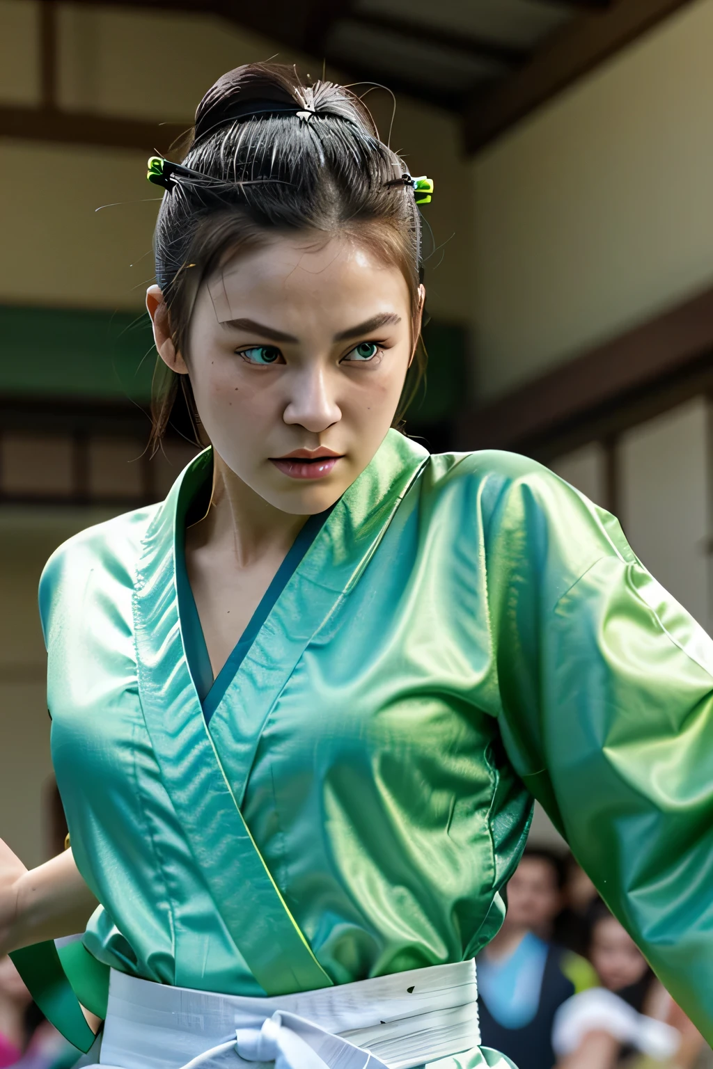 image of an 18 year old girl with bright green eyes wearing a kimono identical to chun-li in a karate ring, Ela'is doing a flying maneuver in the air, as detailed as possible, as realistic as possible