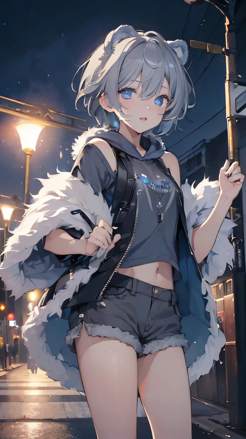 Idol、masterpiece、highest quality、beautiful expression、absurd、nffsw、(hoodie,fur,fur,shorts,show your shoulders)、(bloom、shine:1.4)、(laughter)、(short gray hair、blue eyes:1.7)、sharp focus、Photoreal、High resolution、most detailed、super detailed、detailed face and eyes、sharp pupils、realistic student、sharp focus、 shiny skin、、(dark city、moon、street light:1.5)、rim lighting、dynamic, cinematic lighting,Bear ears