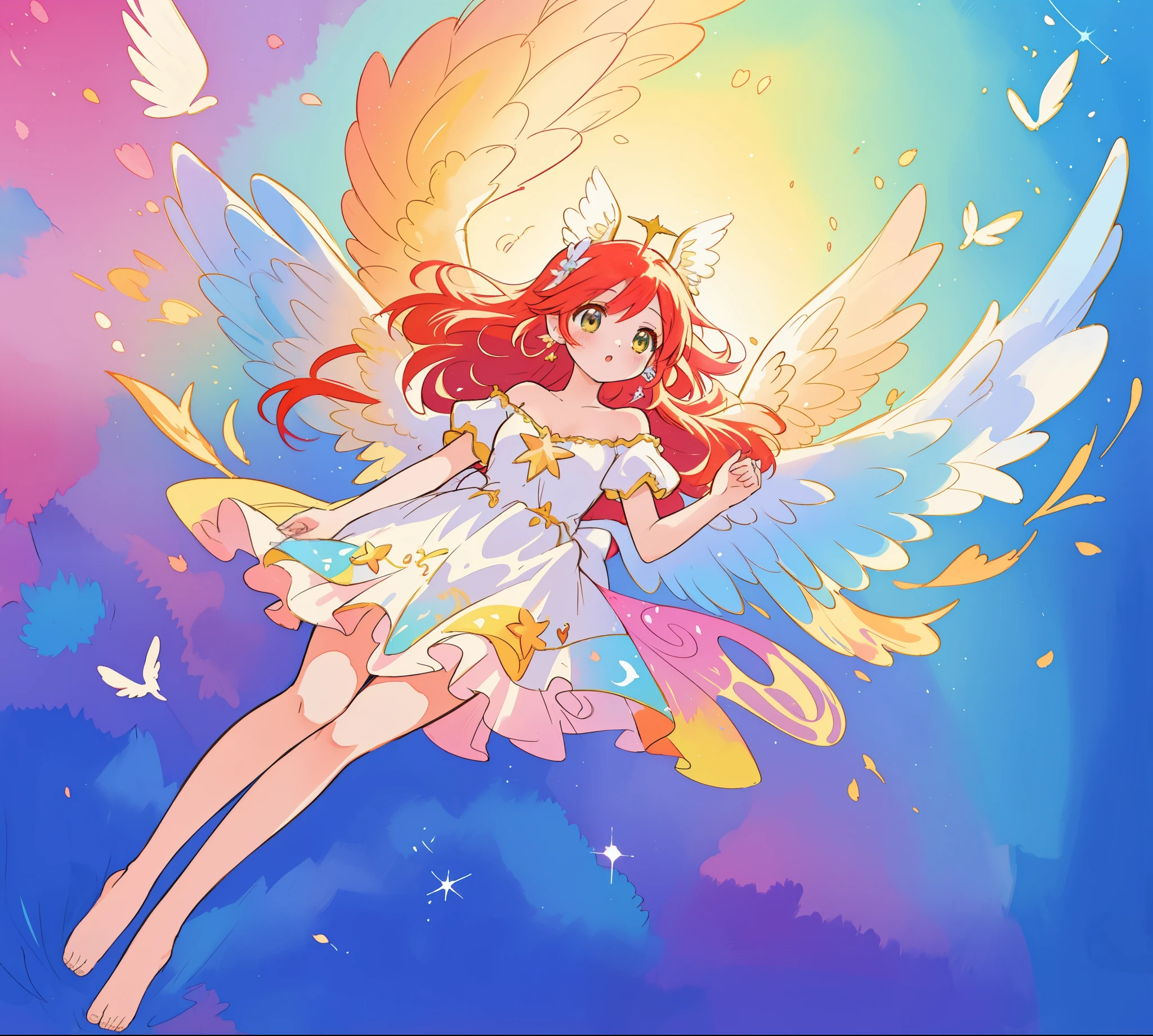 beautiful angel girl barefoot in shimmering long colorful dress, ((colorful angel wings)), vibrant pastel colors, long flowing red hair, colorful fantasia background, watercolor illustration, disney art style, beautiful digital illustration, beautiful, masterpiece, best quality, anime disney style, beautiful face, ((angel)), ((angel wings))
