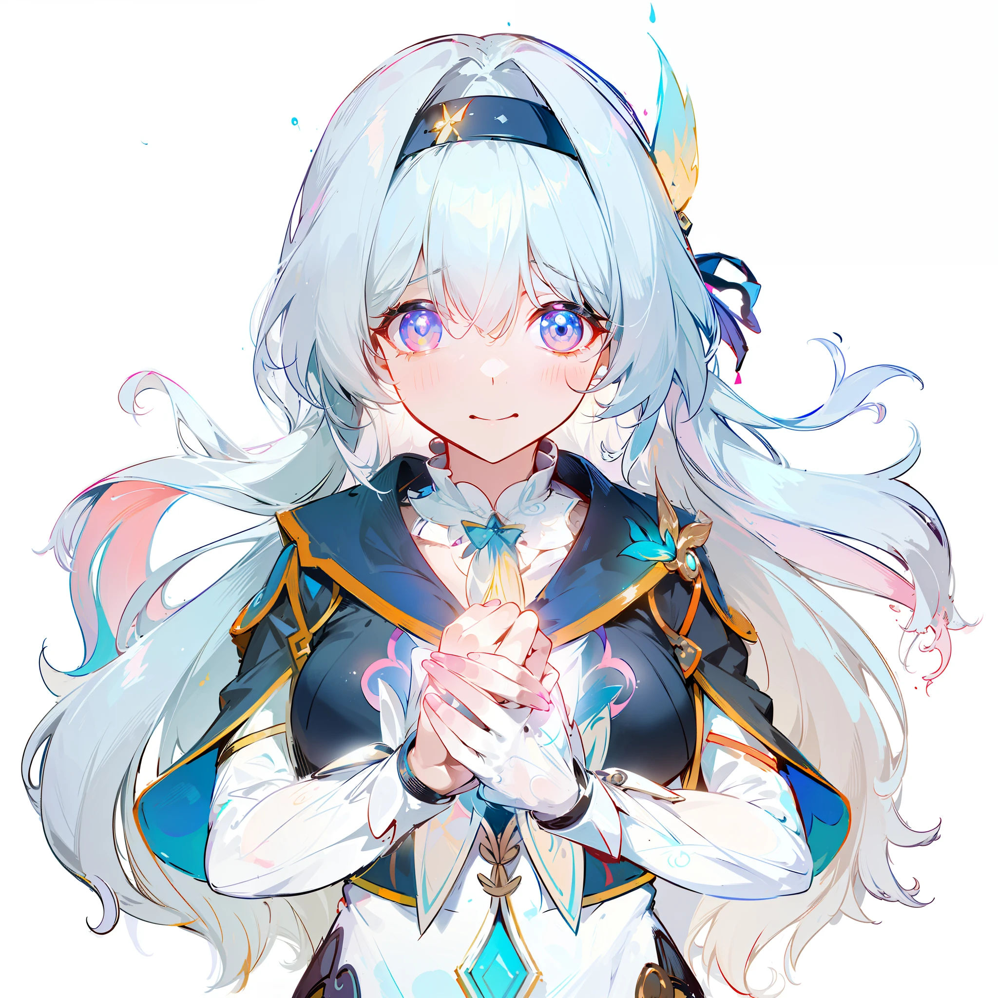 (masterpiece, 4K resolution, surreal, Very detailed), (Honkai Star Dome Railway, Stream Firefly, Attractive, 有一个女孩在dusk的天台, She is an ordinary girl,Shy,Smile), [ ((20 years), (Long silver hair:1.2), Half body, (Blue and pink gradient eyes:1.2), ((Put your hands on your chest),(There is a glowing firefly in the palm of your hand), ((Bustling urban environment):0.8)| (city View, dusk, dynamic lights), (sunset))