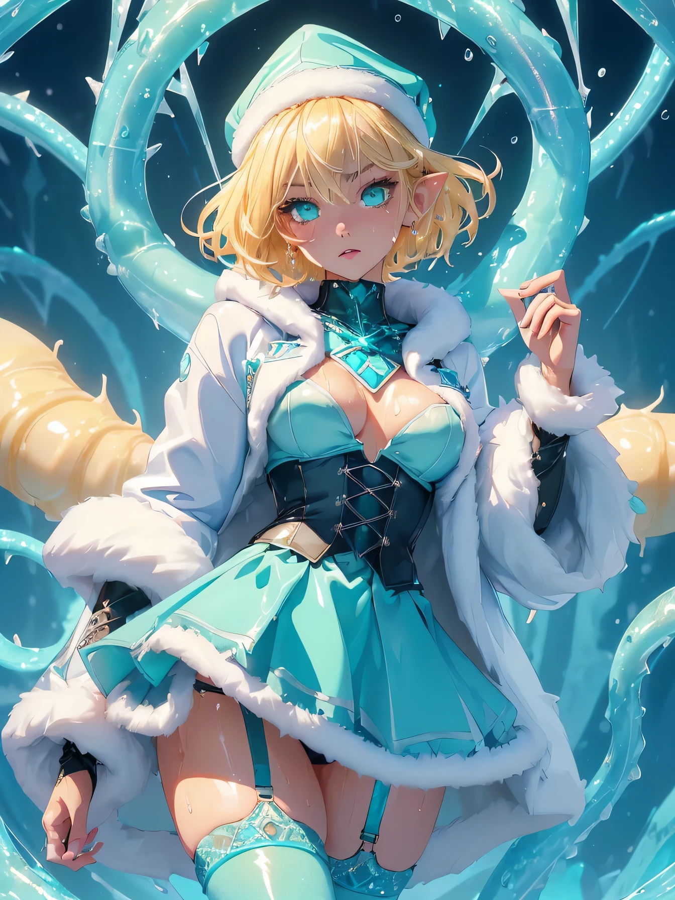 high resolution:1.7, incredibly absurdres, kawaii:1, cute:1.5, hires.fix, incredibly fine illustration,8k,masterpiece:1.2,best quality, high quality, exquisite, beautiful, insanely detailed, intricate detailed, extremely detailed, Super Definition, ultra high res, Super Resolution, best aesthetic, ultra detailed:1.5, best quality, perfect face, detailed face, masterpiece:1.2, illustration:1.2, 8k cg wallpaper, stunning art,absurdres,octane render,ultra hires,cute elf,tiny little body,(((wizard girl, gothic style girl, wet girl))),((anime elf with extremely cute and beautiful blond hair)),((((blond hair:1.35,undercut blond hair,short hair,colored inner hair,ear breathing)))),(((green_eyes:1.3))),intricate eyes,beautiful detailed eyes,symmetrical eyes,big eyes:1.5,(((pinky skin,glowing_skin,lustrous skin:1.5,bright skin: 1.5,skin tanned,shiny skin,very shiny skin,shiny body,plastic glitter skin,exaggerated shiny skin,illuminated skin))),upward breasts,(detailed body,(detailed face)),cute,daring,zettai ryouiki,show skin,She has long eyelashes that add to her captivating appearance,arms behind back, spread legs,(((girl dressed as a ice magician,micro blue skirt,cute gothic fashion))),(((white side-tie panties))),(((aqua fur coat, aqua fur coat outfit, wearing a ice dress:1.3,aqua winter coat))), midriff peek,(garter belt,Stockings),sweat, steam,dark forest,(on tentacle pit),(((tentacles))),Gothic Choker with chains,thighlet,(Wizard's hat),holding shining sword