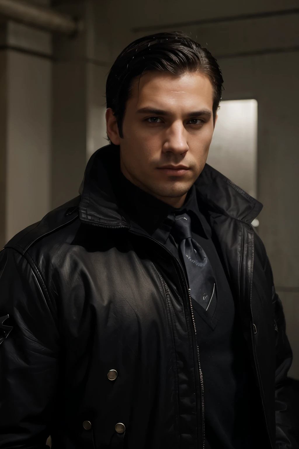 a young, caucasian man with black hair, age 30, black eyes, cold hearted man and sharp face, strong jaws, quite sassy, worked as a detective. Not too handsome but quite charming, high quality details, in a CAPD police uniform.