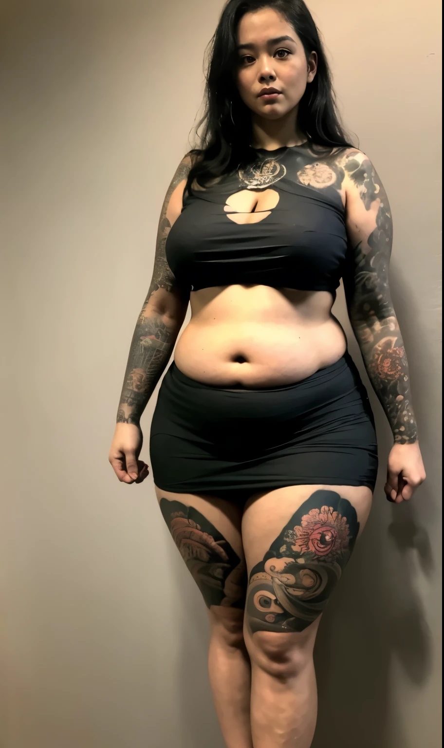 ((best quality)), ((masterpiece)), (detailed), perfect face, araffe woman in a dark-blue shirt and blue denim skirt walking down a street, thicc, she has a jiggly fat round belly, bbwchan, wearing tight simple clothes, skinny waist and thick hips, widest hips, her belly is fat and round, soft curvy shape, hyperrealistic full figure, wearing a cute top, wide hips, cropped shoulders,fat belly,(big assa:0.7),show legs,, thicc, beautiful thick female, beautiful curvy female,, Tall and tall,clear curvy details, curvy hourglass figure, alluring plus sized model, bbwchan, Voluptious body, Curvy model, Curvy body, Be red in the face, 1girll, a matural female, A MILF, the golden ratio,(Kpop idol),(Oil skin:1.2),(Oil skin:1.1), iremuzi tattoos on thighs, big tattoo on thighs