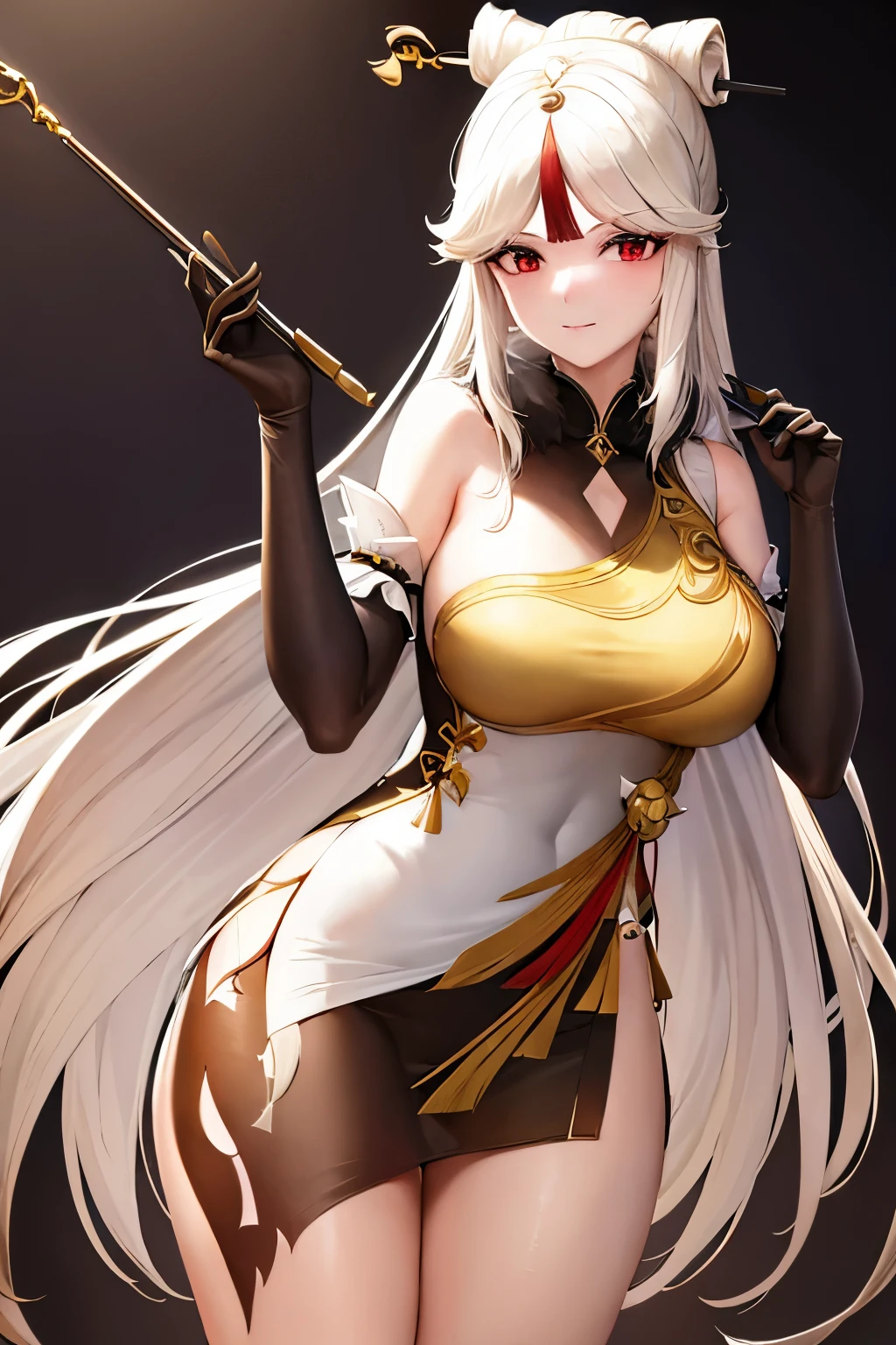 best quality, masterpiece, highres, solo, {ningguang_genshin:1.15}, hair_ornament, long_hair, bangs, white_hair, red_eyes, parted_bangs, tassel, breasts, smile, hairpin, sidelocks, hair_stick, very_long_hair, large_breasts, 1girl, black_gloves, china_dress, chinese_clothes, claw_ring, detached_sleeves, dress, elbow_gloves, gloves, holding, holding_smoking_pipe, looking_at_viewer, smoking_pipe, white_dress, bare_shoulders, fur_collar, fur_trim