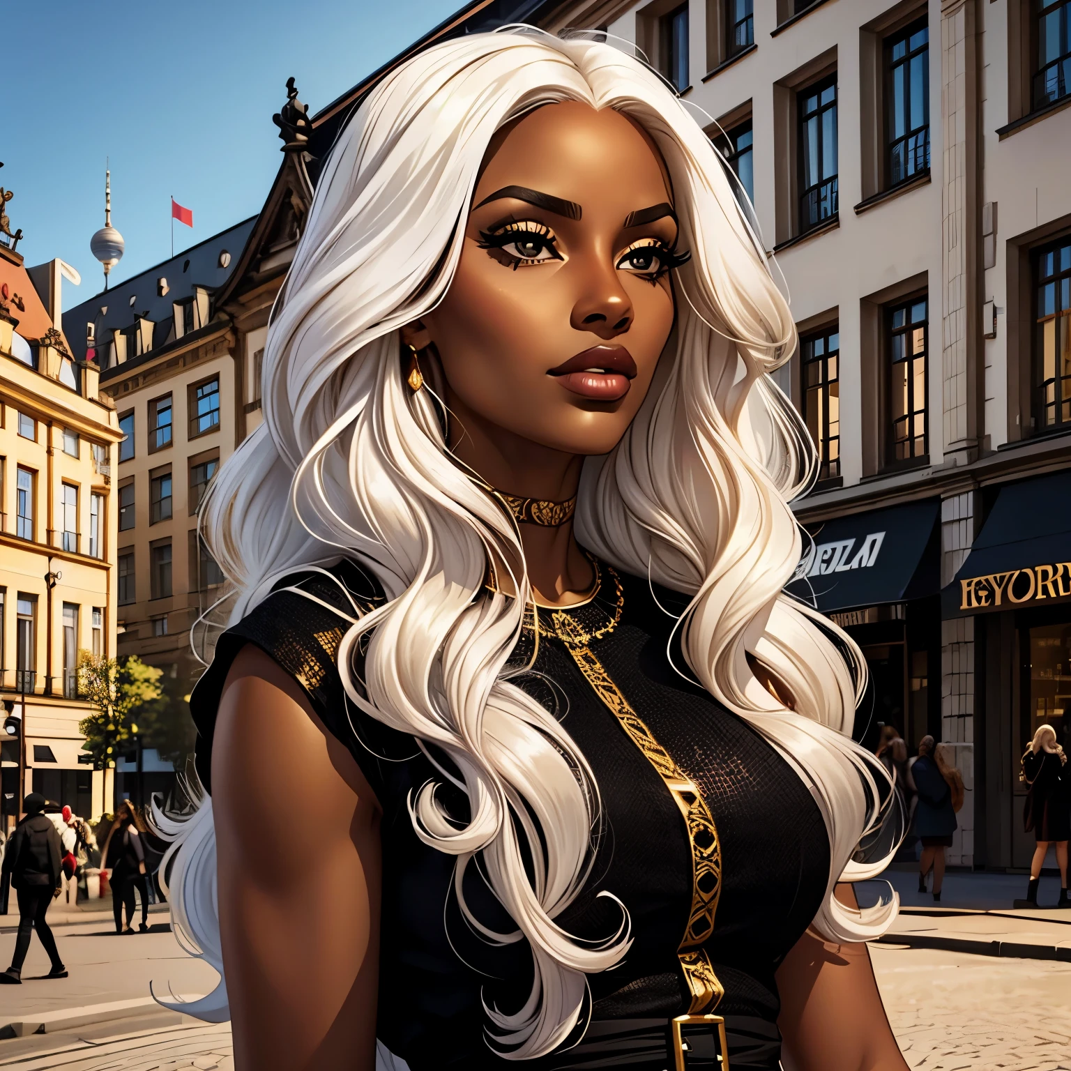 a woman, long white hair, curly hair, black eyes, a black woman, Golden dress,in the city of berlin, best quality, masterpiece, black skin tone